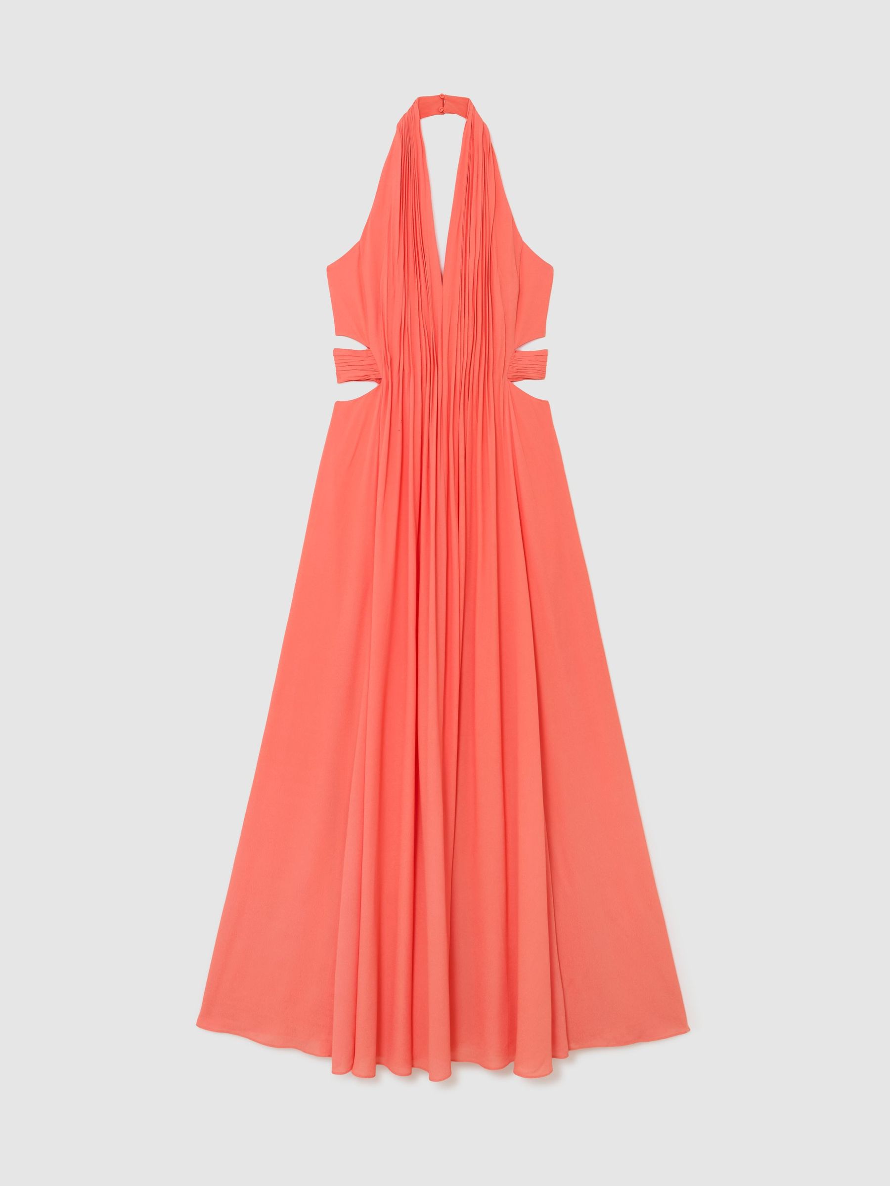Halterneck Pleated Maxi Dress in Coral Pink
