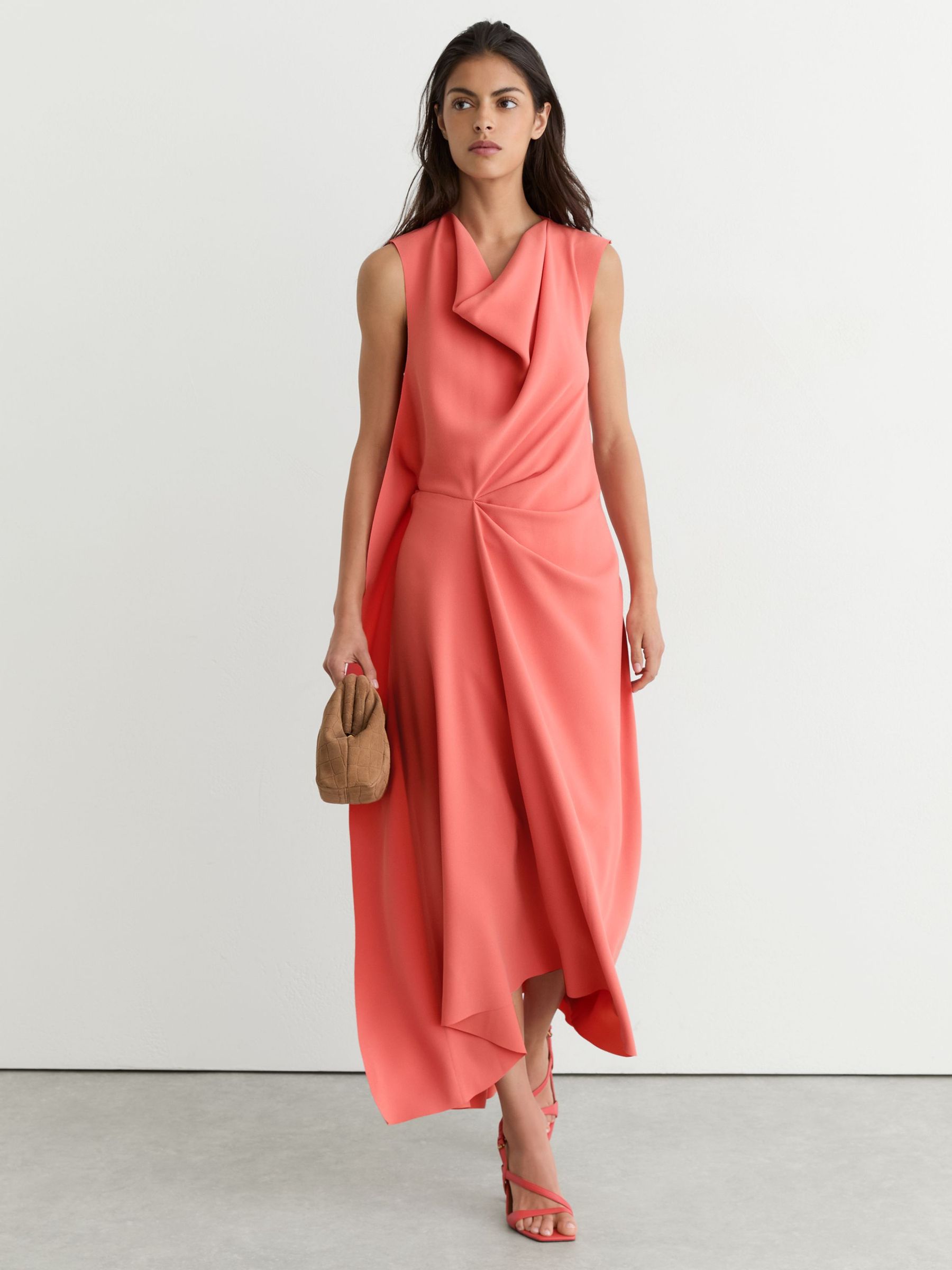 Petite Drape-Detail Sleeveless Midi Dress in Coral Pink - Image 1 of 8 Petite Drape-Detail Sleeveless Midi Dress in Coral Pink - Image 1 of 8