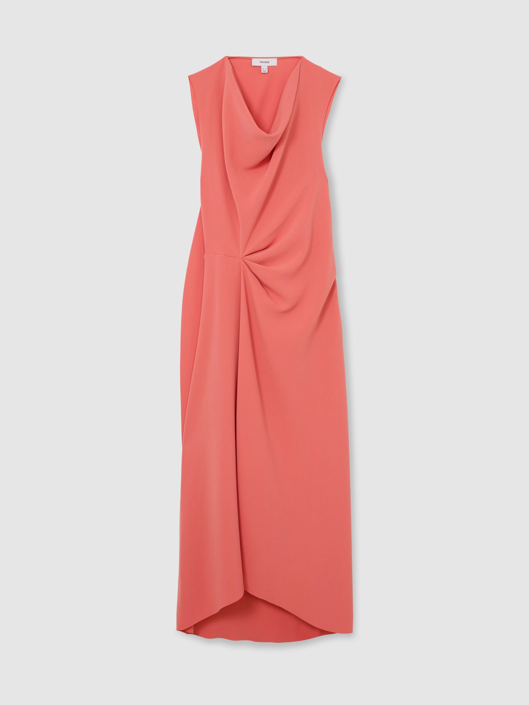 Petite Drape-Detail Sleeveless Midi Dress in Coral Pink - Image 2 of 8 Petite Drape-Detail Sleeveless Midi Dress in Coral Pink - Image 2 of 8