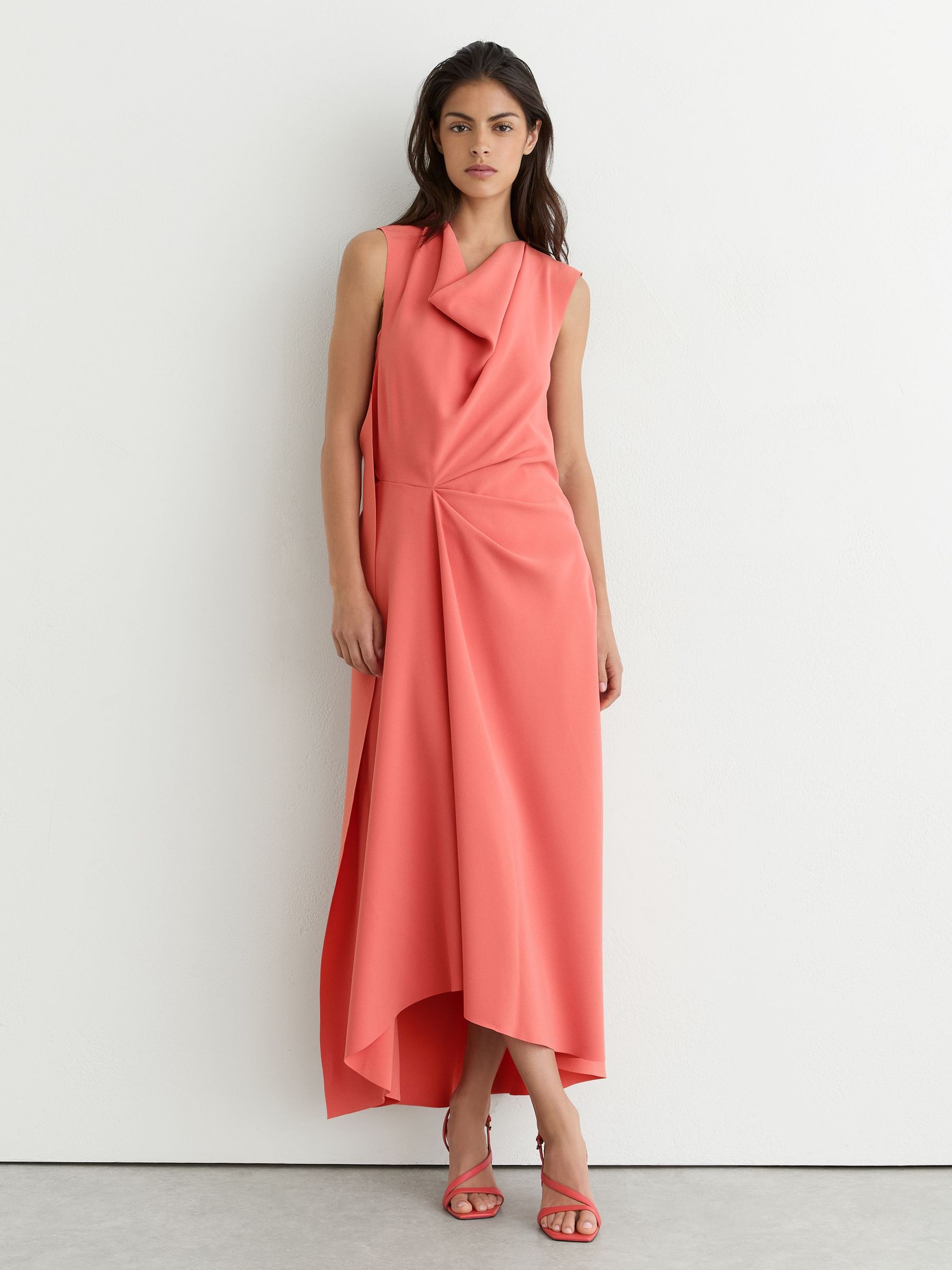 Petite Drape-Detail Sleeveless Midi Dress in Coral Pink - Image 3 of 8