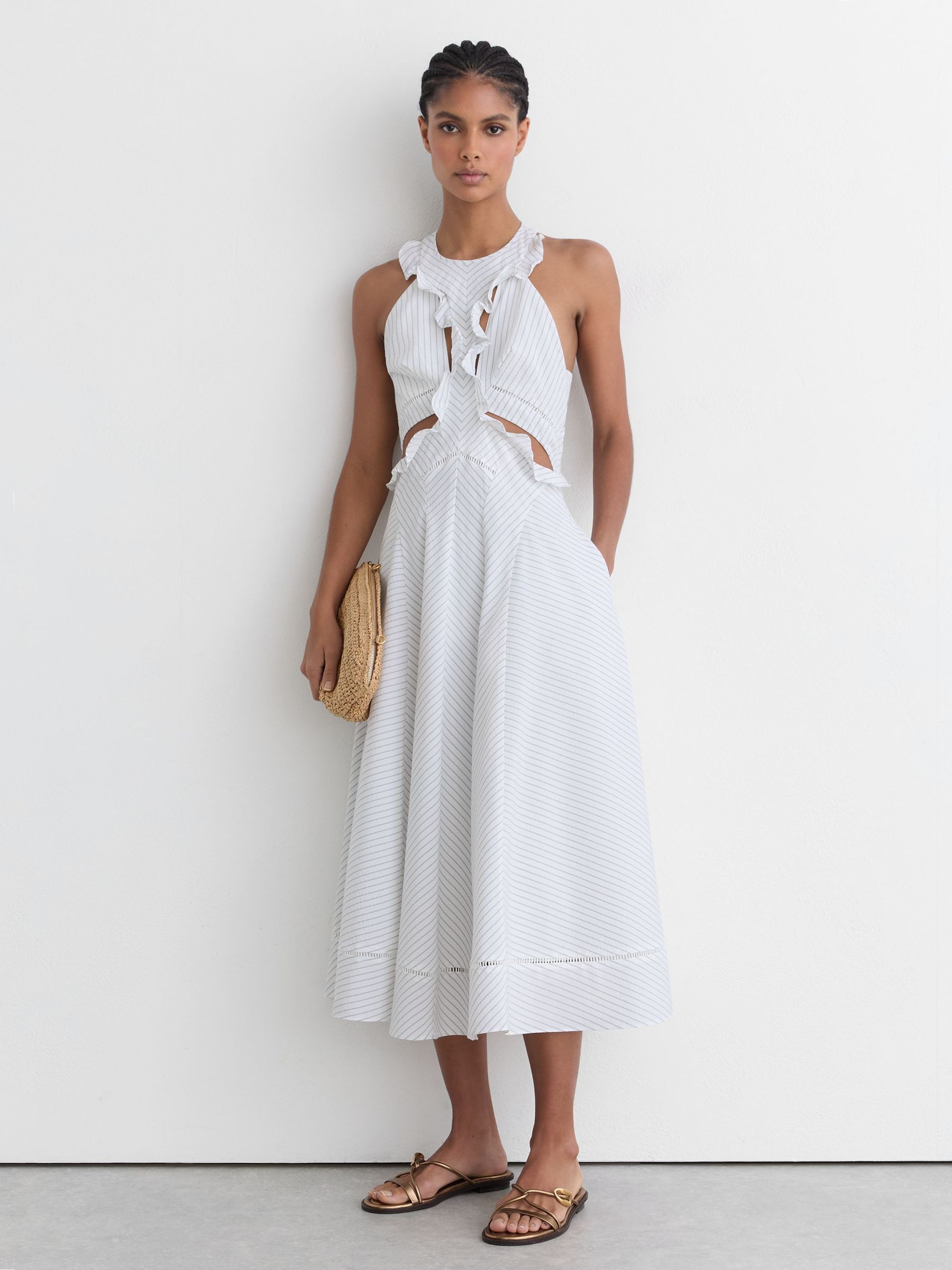 Striped Ruffle-Trim Midi Dress in White - Image 1 of 7