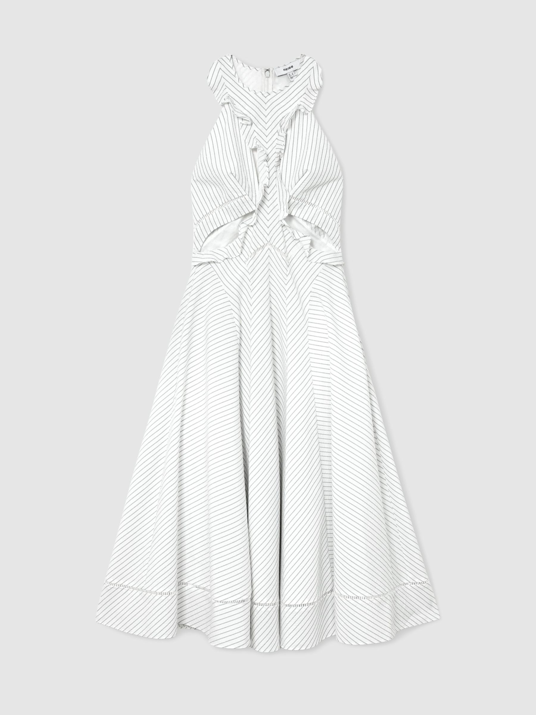 Striped Ruffle-Trim Midi Dress in White - image 1