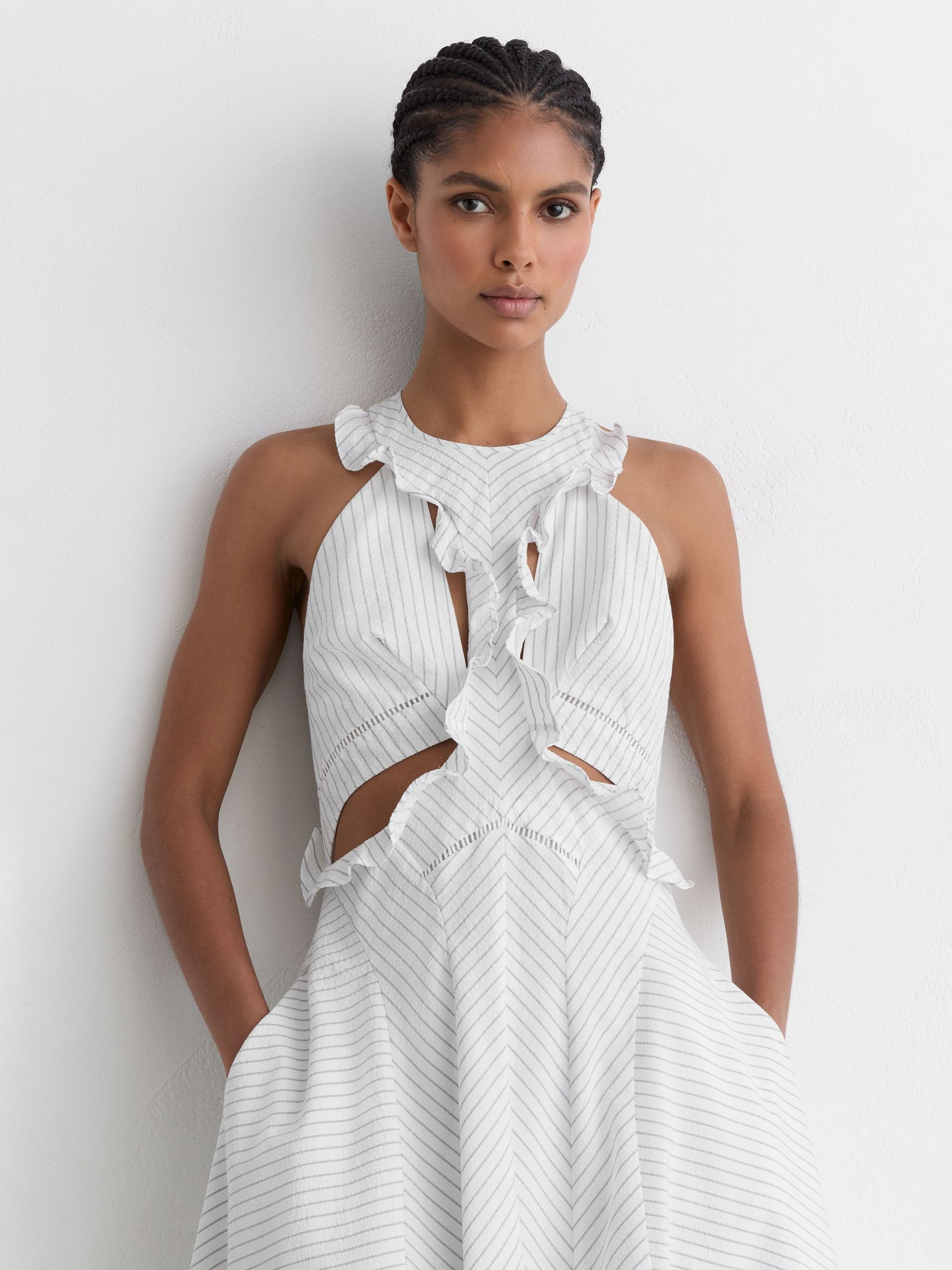 Striped Ruffle-Trim Midi Dress in White - Image 3 of 7