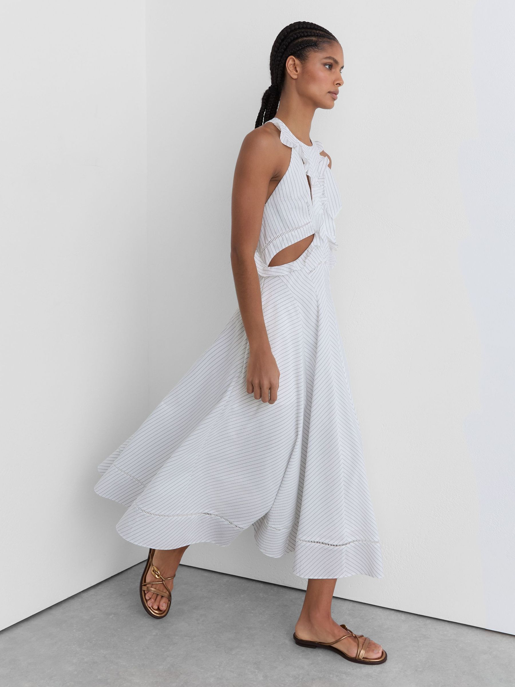 Striped Ruffle-Trim Midi Dress in White - Image 4 of 7