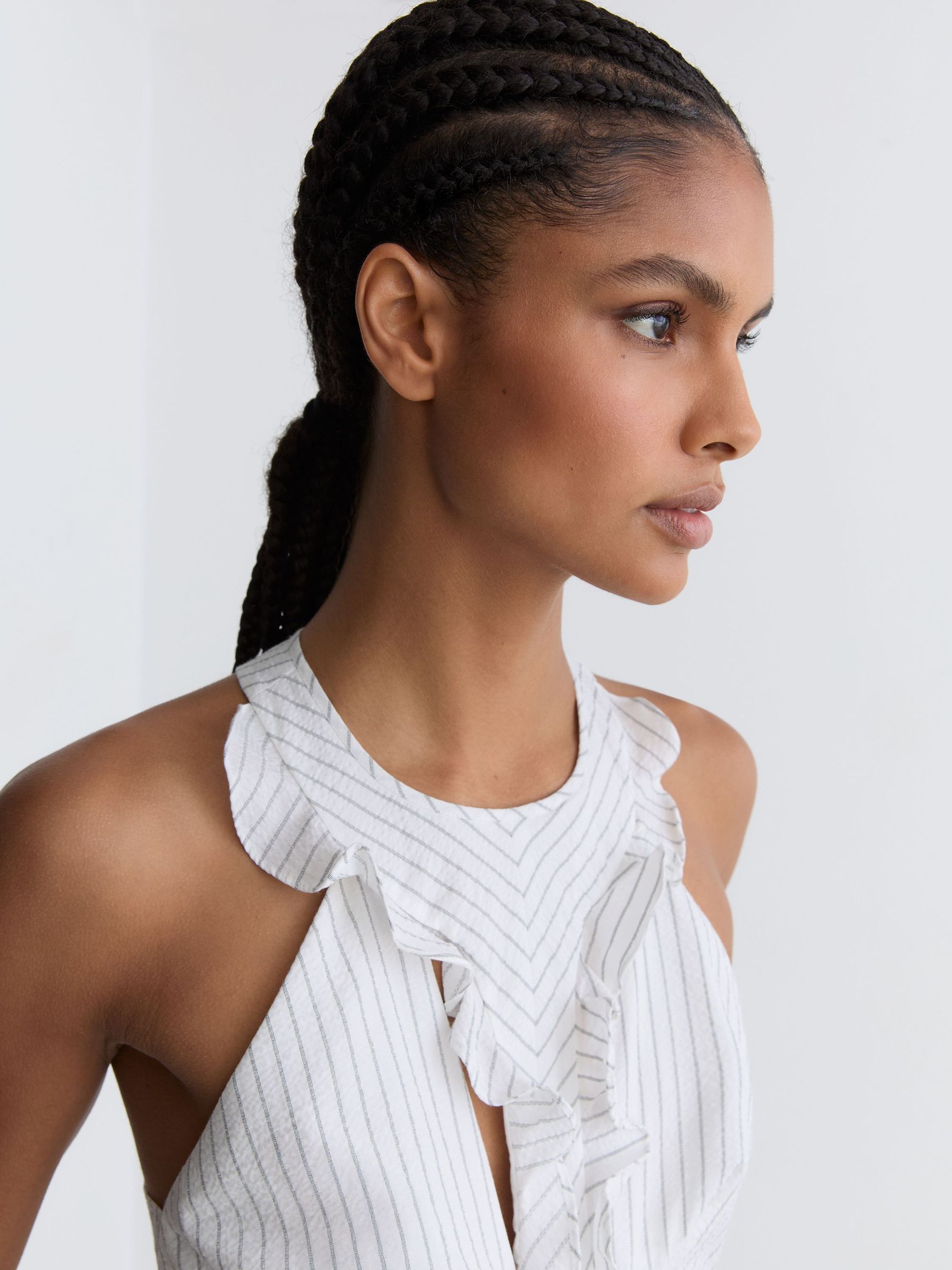 Striped Ruffle-Trim Midi Dress in White - Image 6 of 7