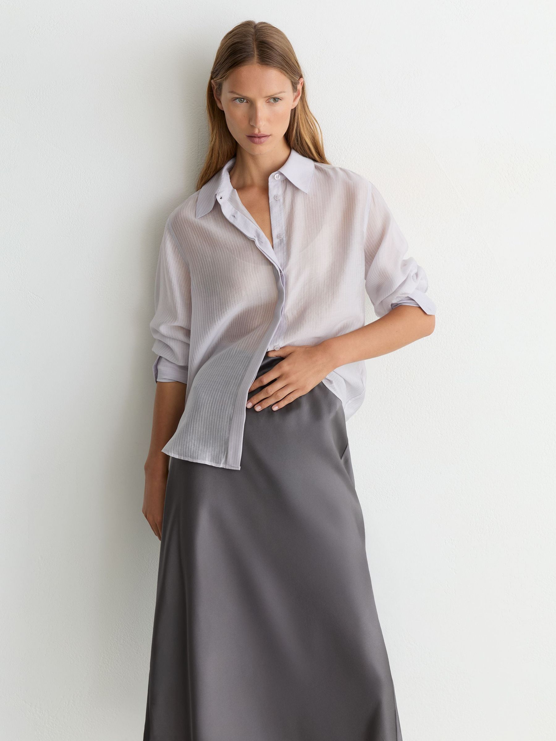 Silk Slip Midi Skirt in Dark Grey - Image 1 of 6