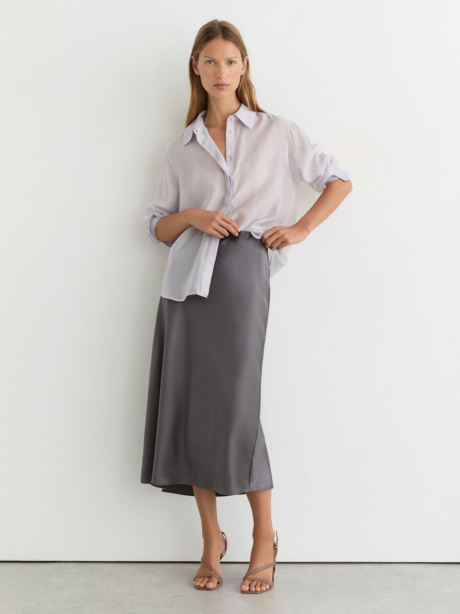 Silk Slip Midi Skirt in Dark Grey - Image 4 of 6