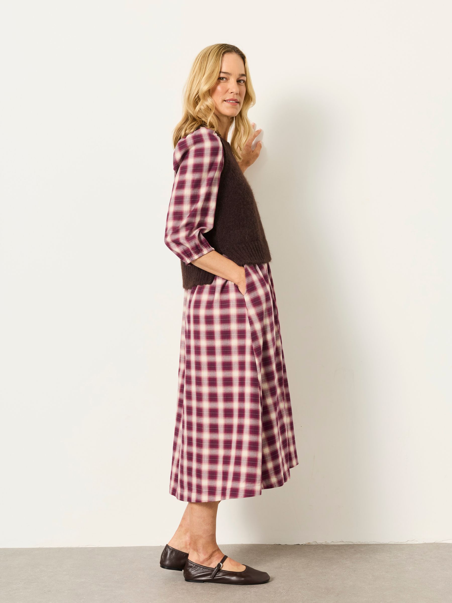 Connie 2 in 1 Red Check Petite Midi Dress with Knitted Tank - Image 4 of 7
