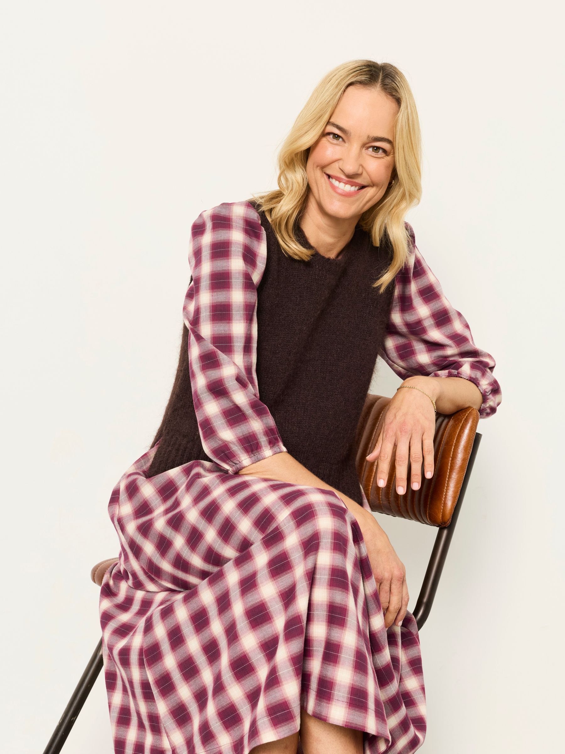 Connie 2 in 1 Red Check Petite Midi Dress with Knitted Tank - Image 5 of 7
