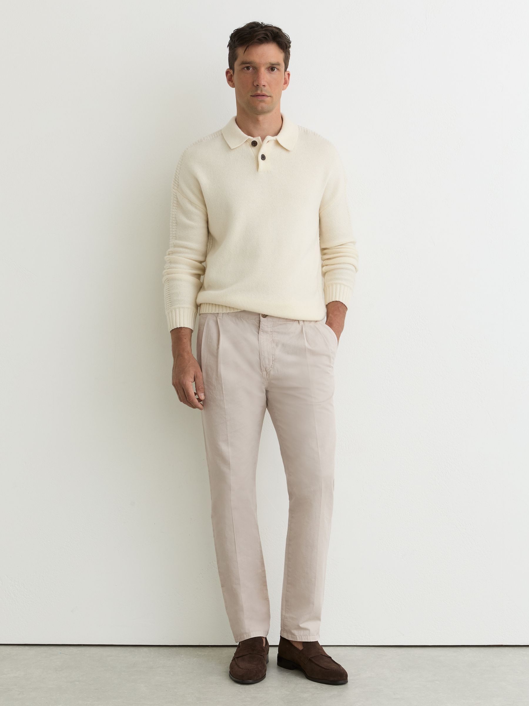 Cotton-Linen Side-Adjuster Tapered Trousers in Stone - Image 1 of 6 Cotton-Linen Side-Adjuster Tapered Trousers in Stone - Image 1 of 6