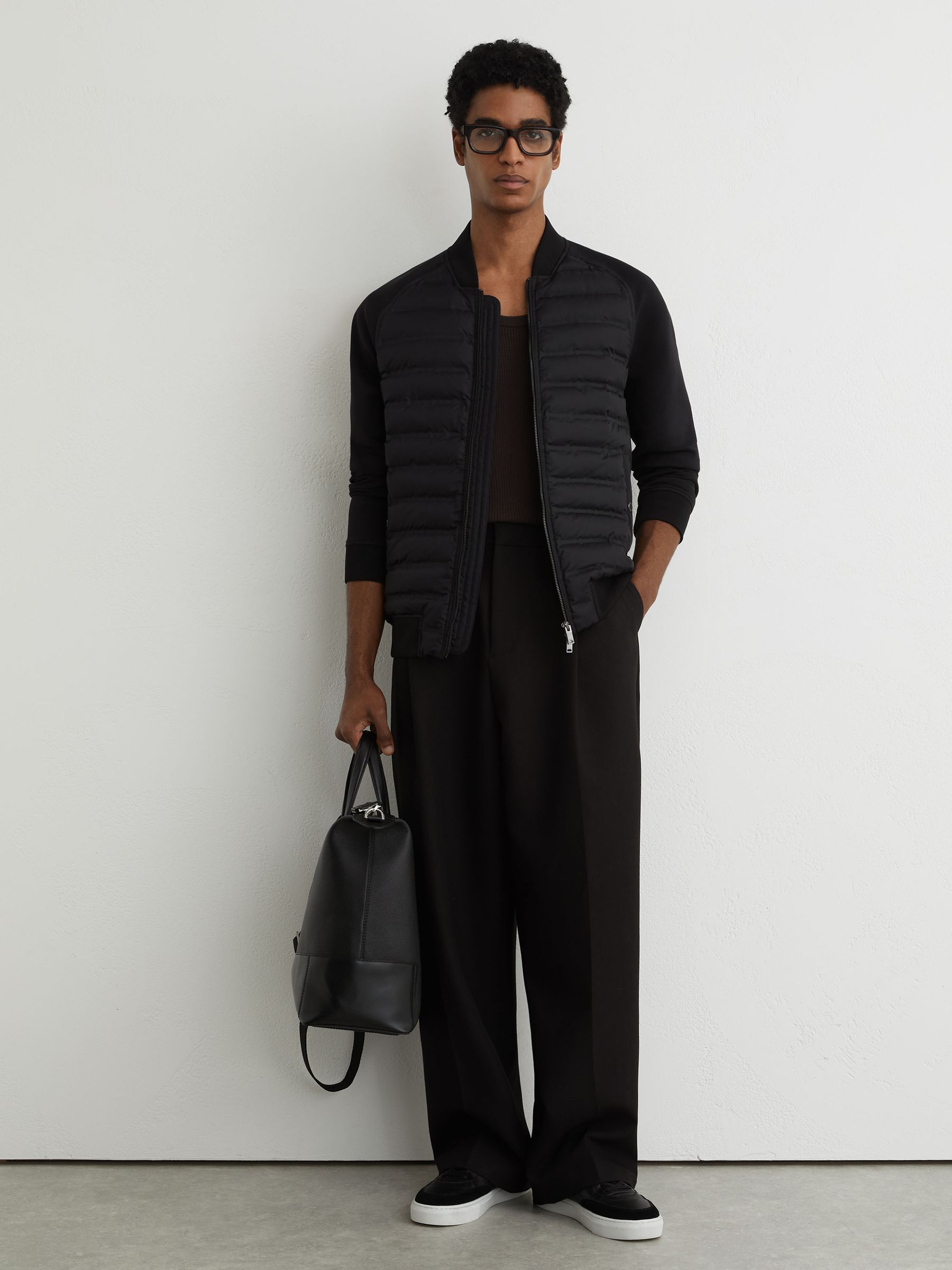 Quilted Hybrid Bomber Jacket in Black - Image 1 of 6