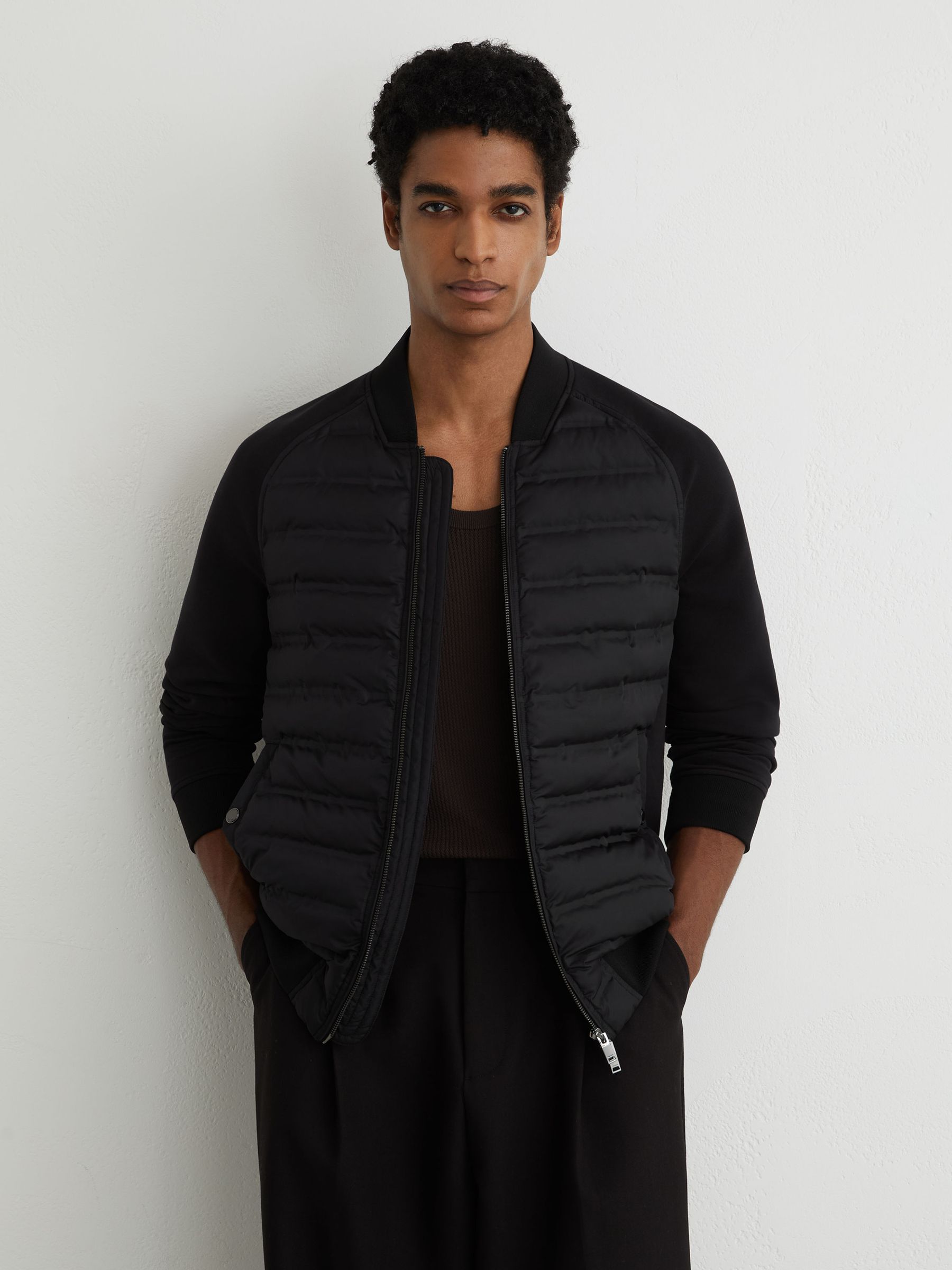 Quilted Hybrid Bomber Jacket in Black - Image 3 of 6