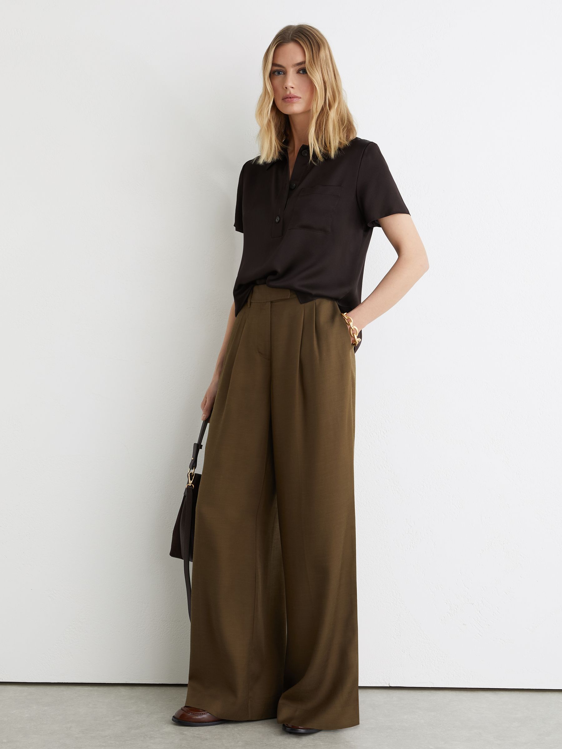 Silk Half-Button Short-Sleeve Shirt in Chocolate Brown - Image 1 of 7