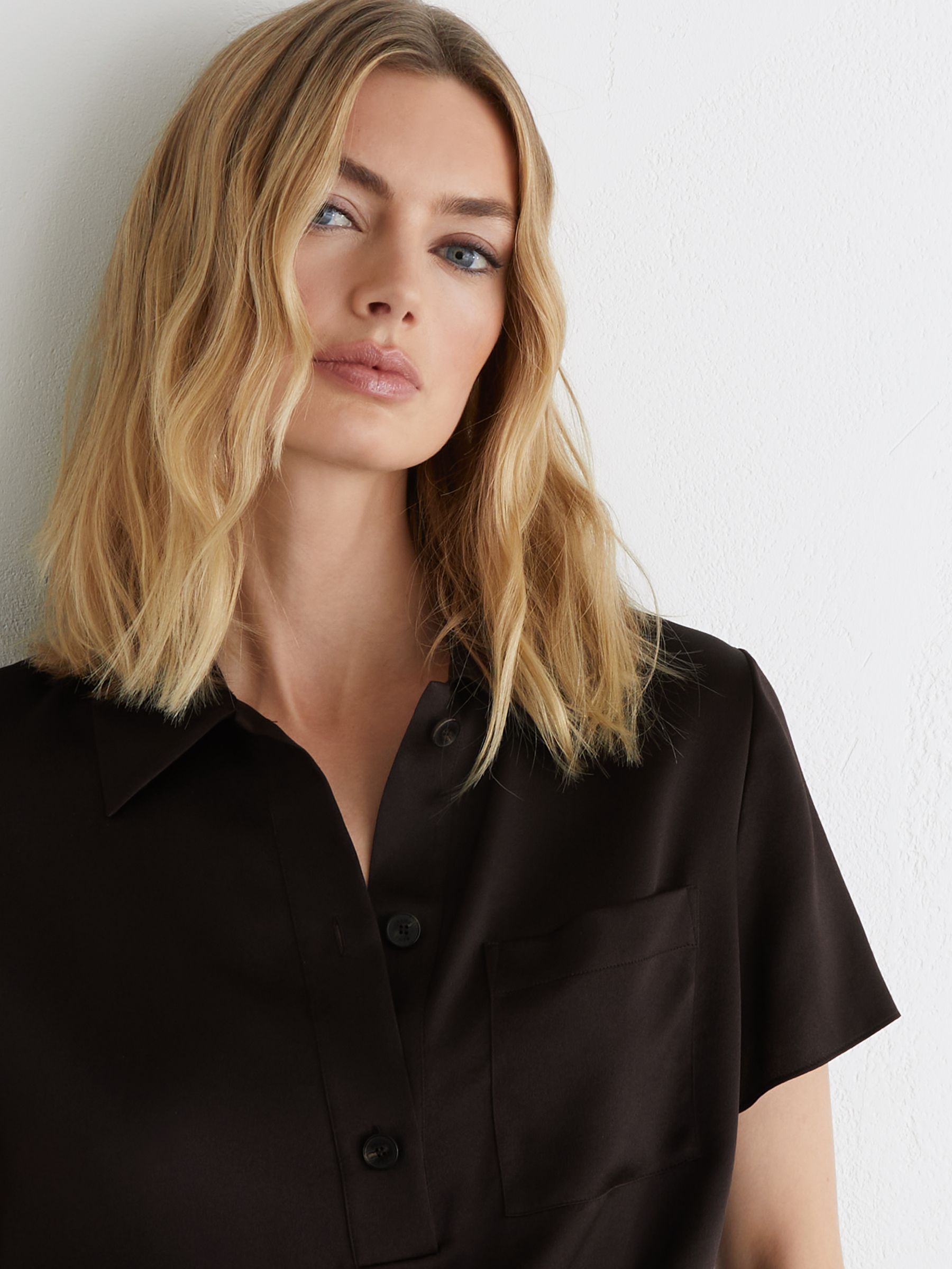 Silk Half-Button Short-Sleeve Shirt in Chocolate Brown - Image 3 of 7