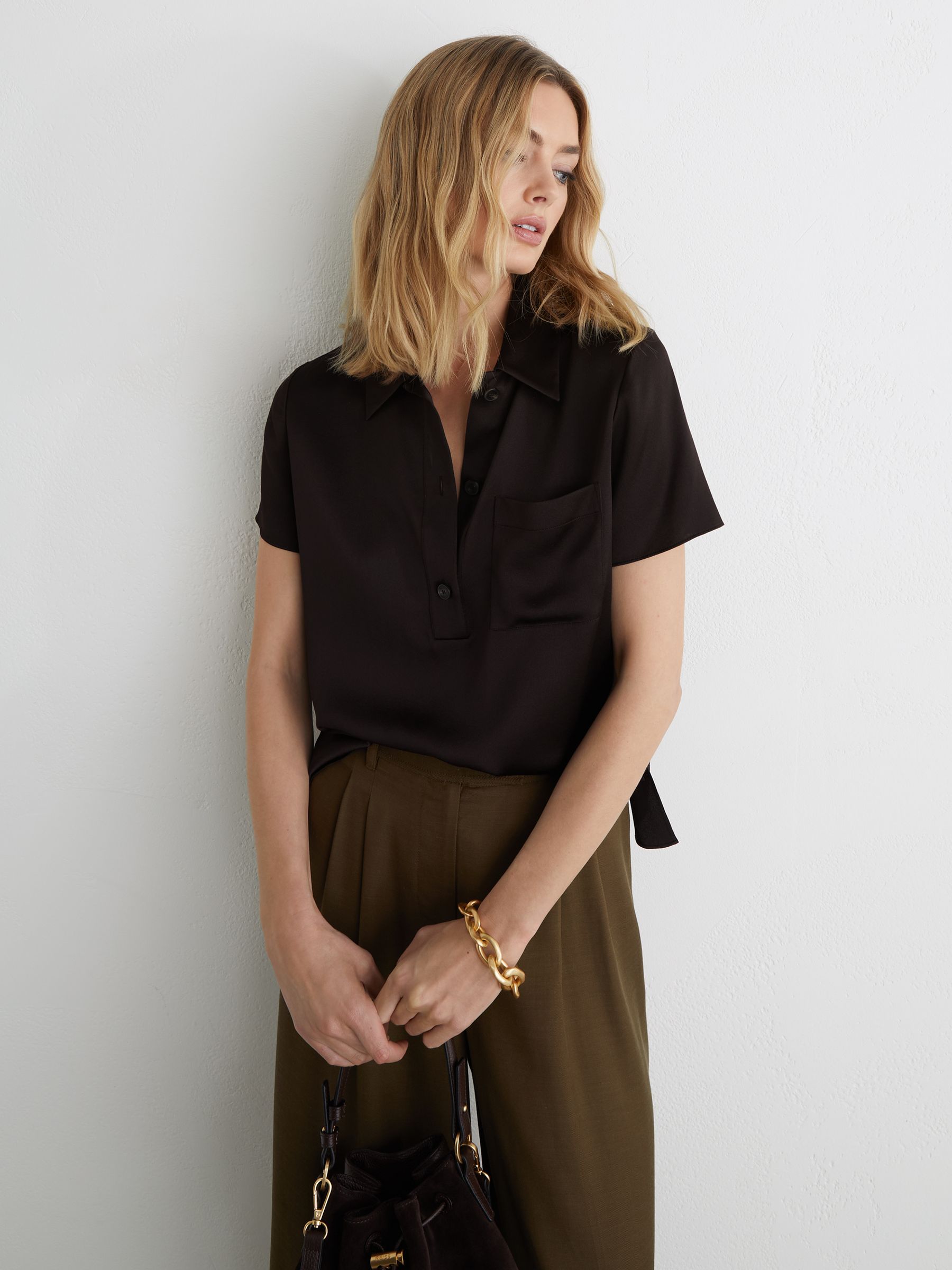 Silk Half-Button Short-Sleeve Shirt in Chocolate Brown - Image 4 of 7