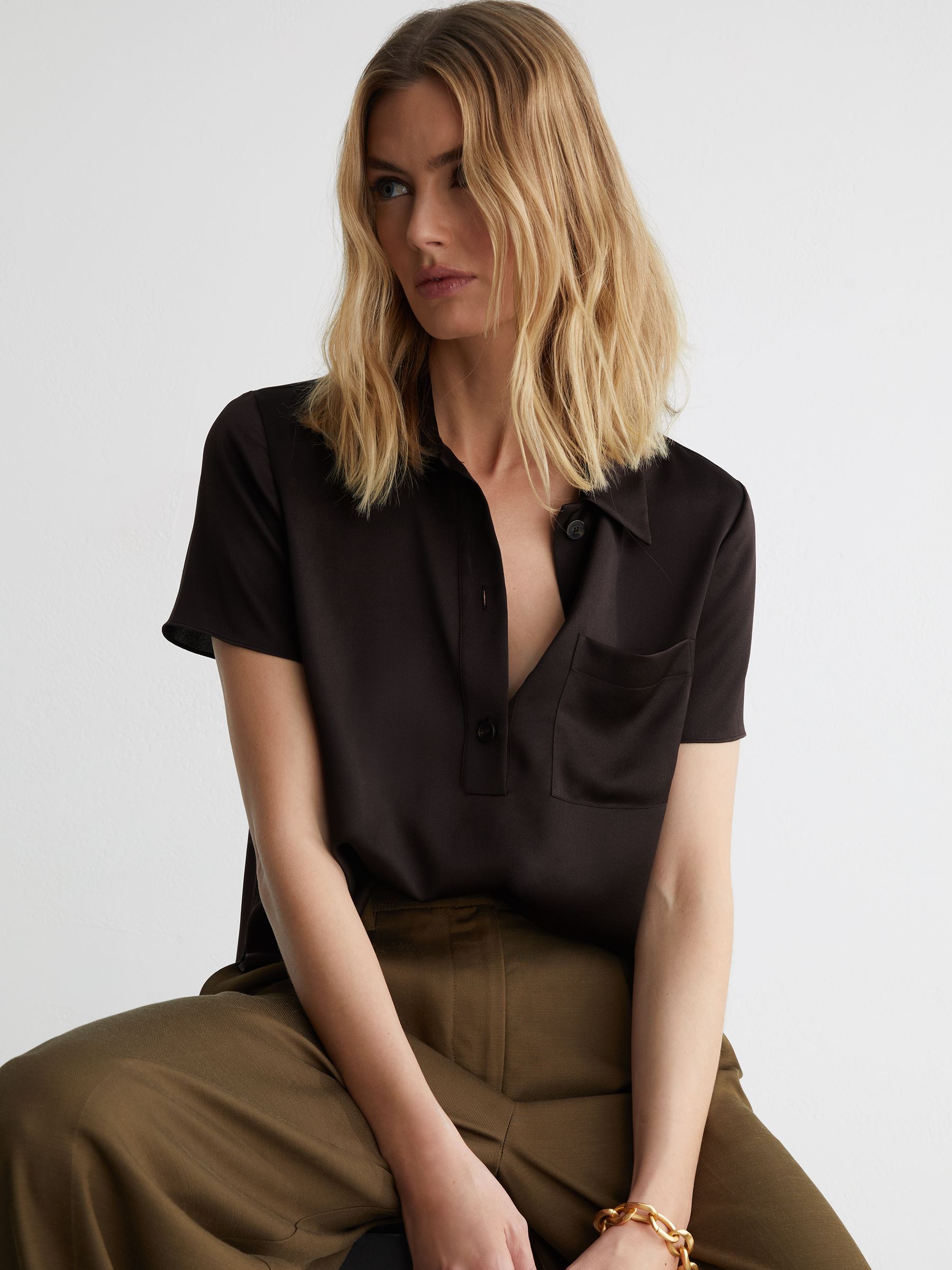 Silk Half-Button Short-Sleeve Shirt in Chocolate Brown - image 5
