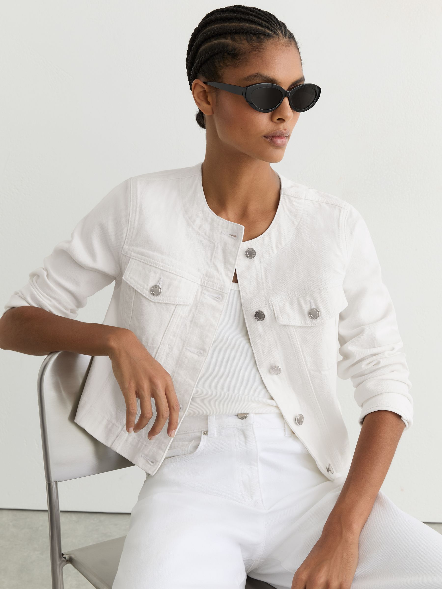 Collarless Cropped Jacket in White - image 2