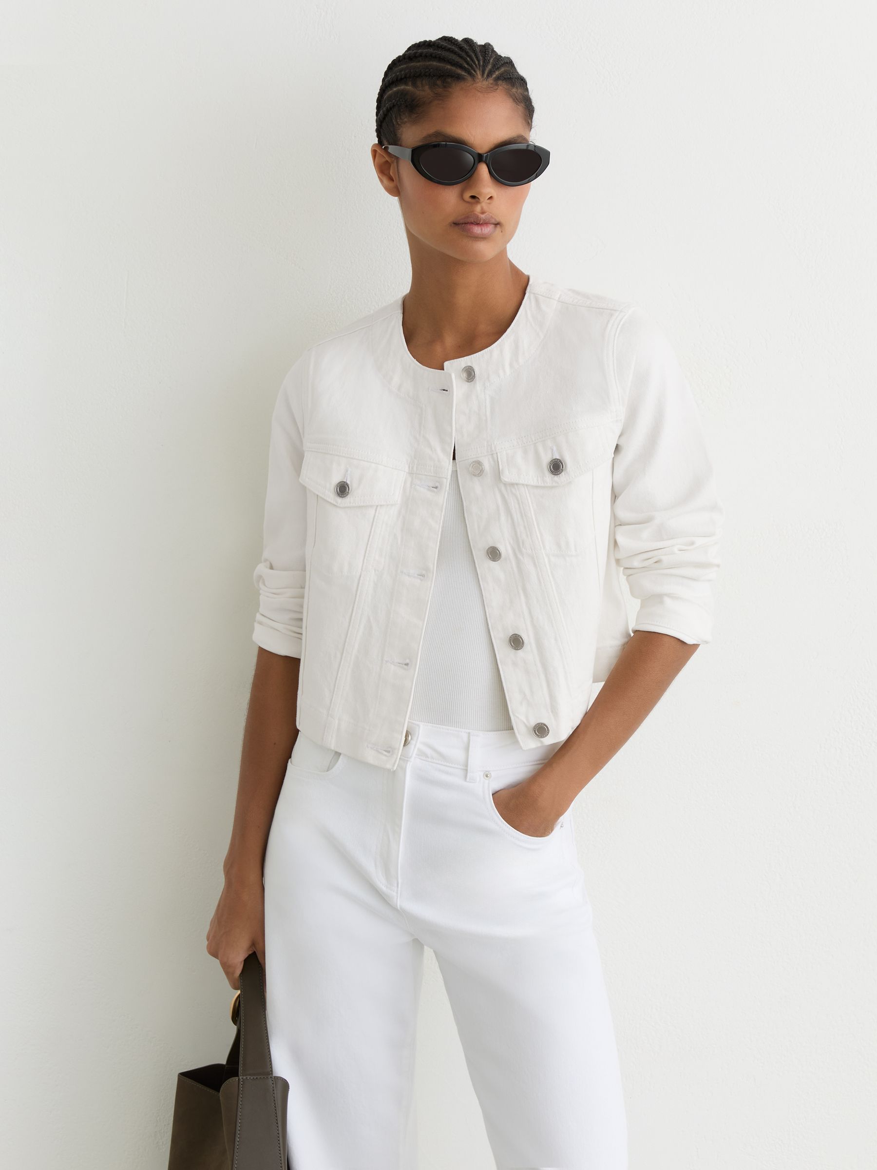 Collarless Cropped Jacket in White - image 5