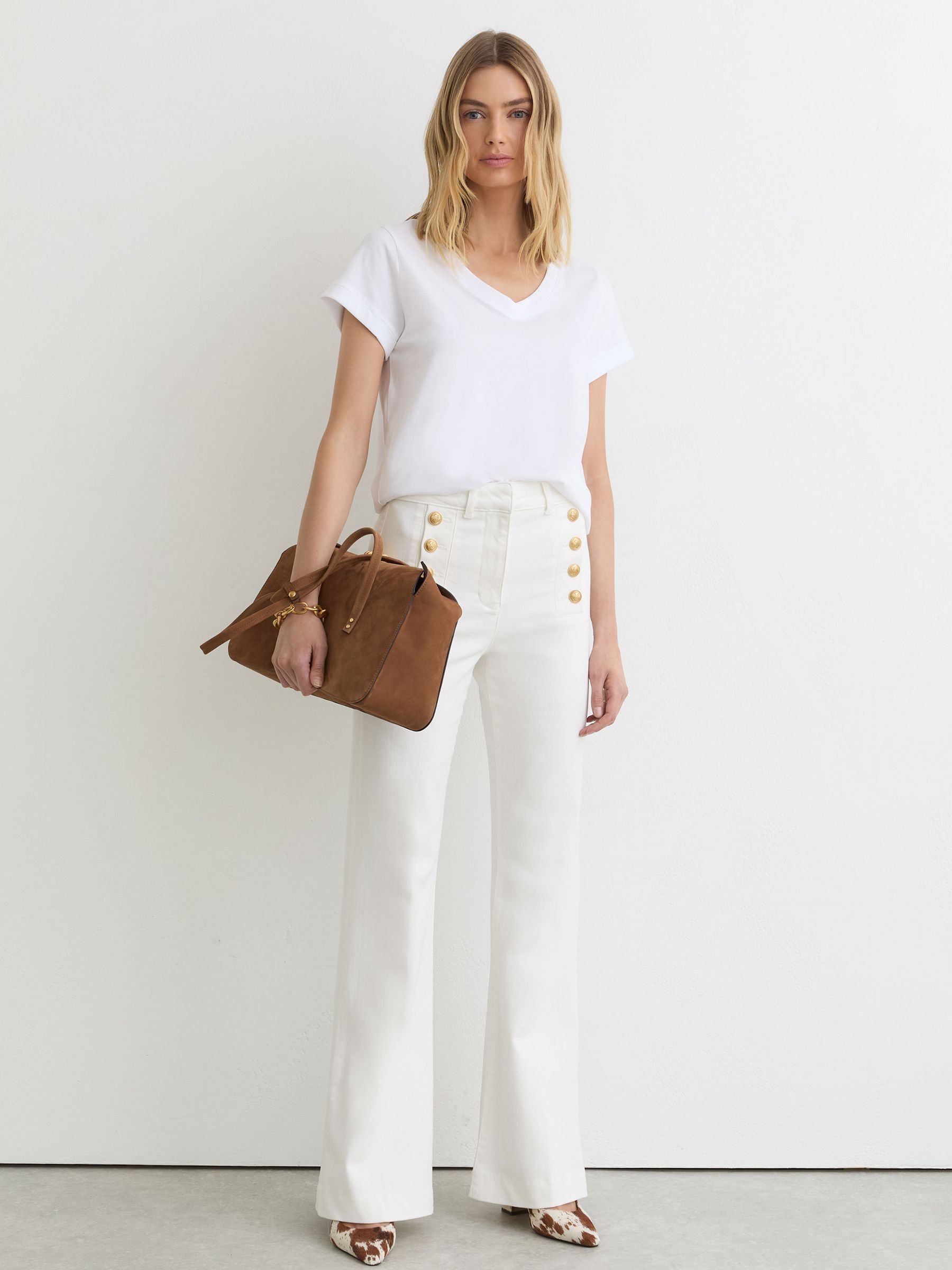 Button-Detail High-Rise Flared Jeans in White - image 3