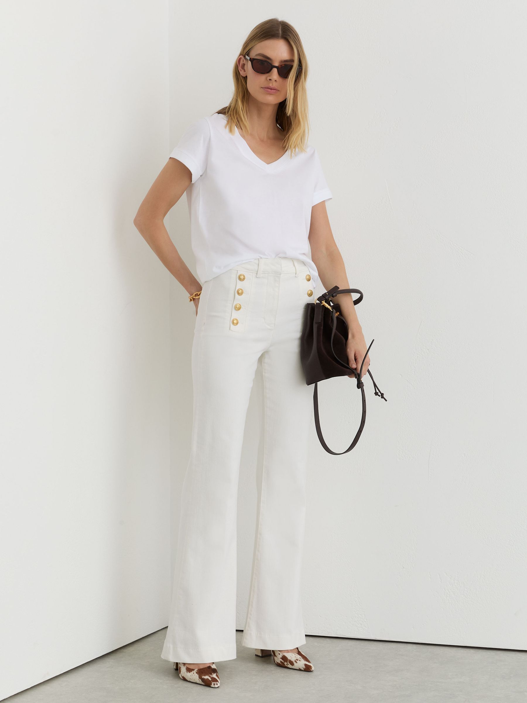 Button-Detail High-Rise Flared Jeans in White - image 4