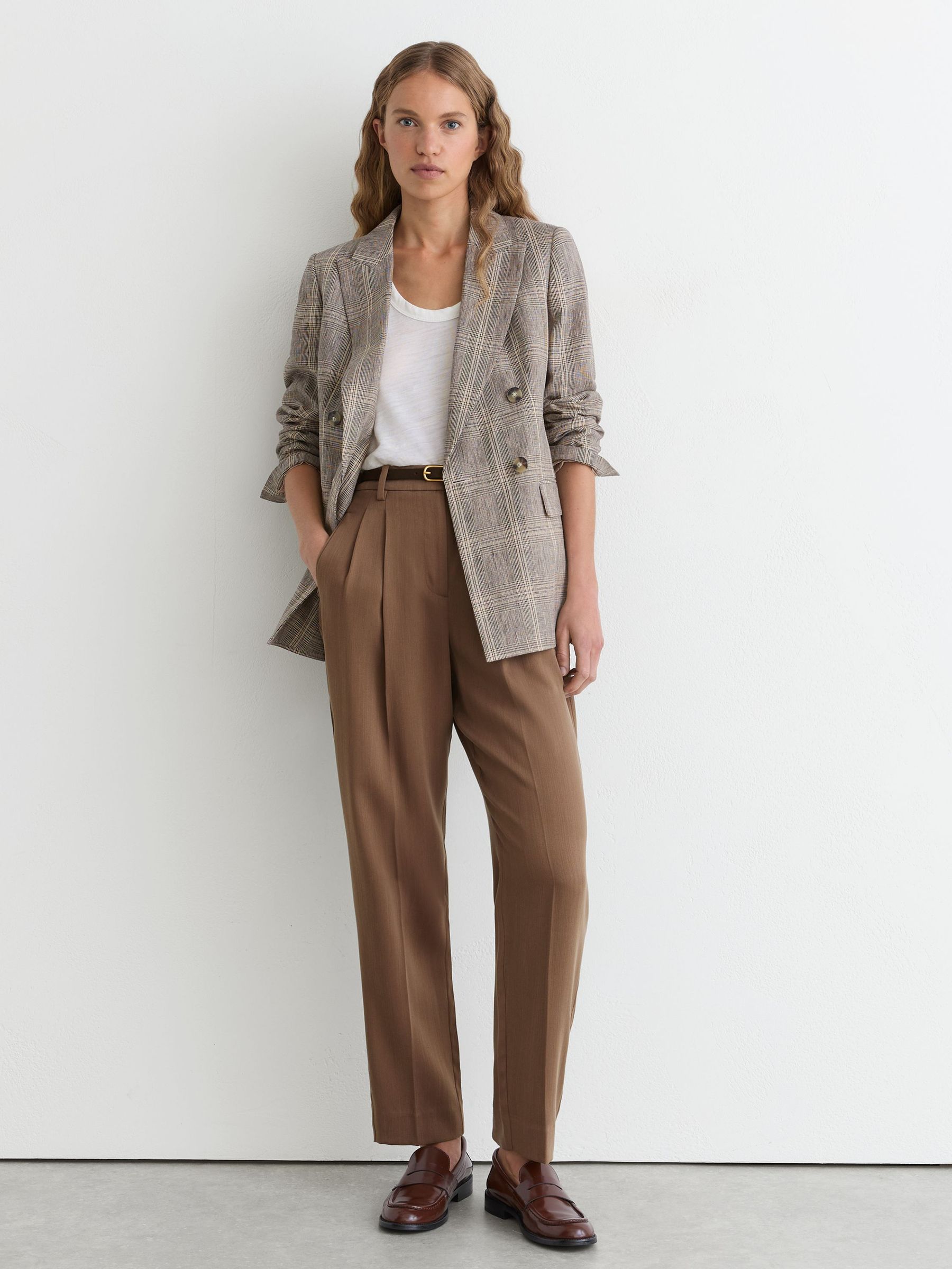 Lyocell Tapered Pleated Trousers in Taupe Neutral - Image 1 of 6