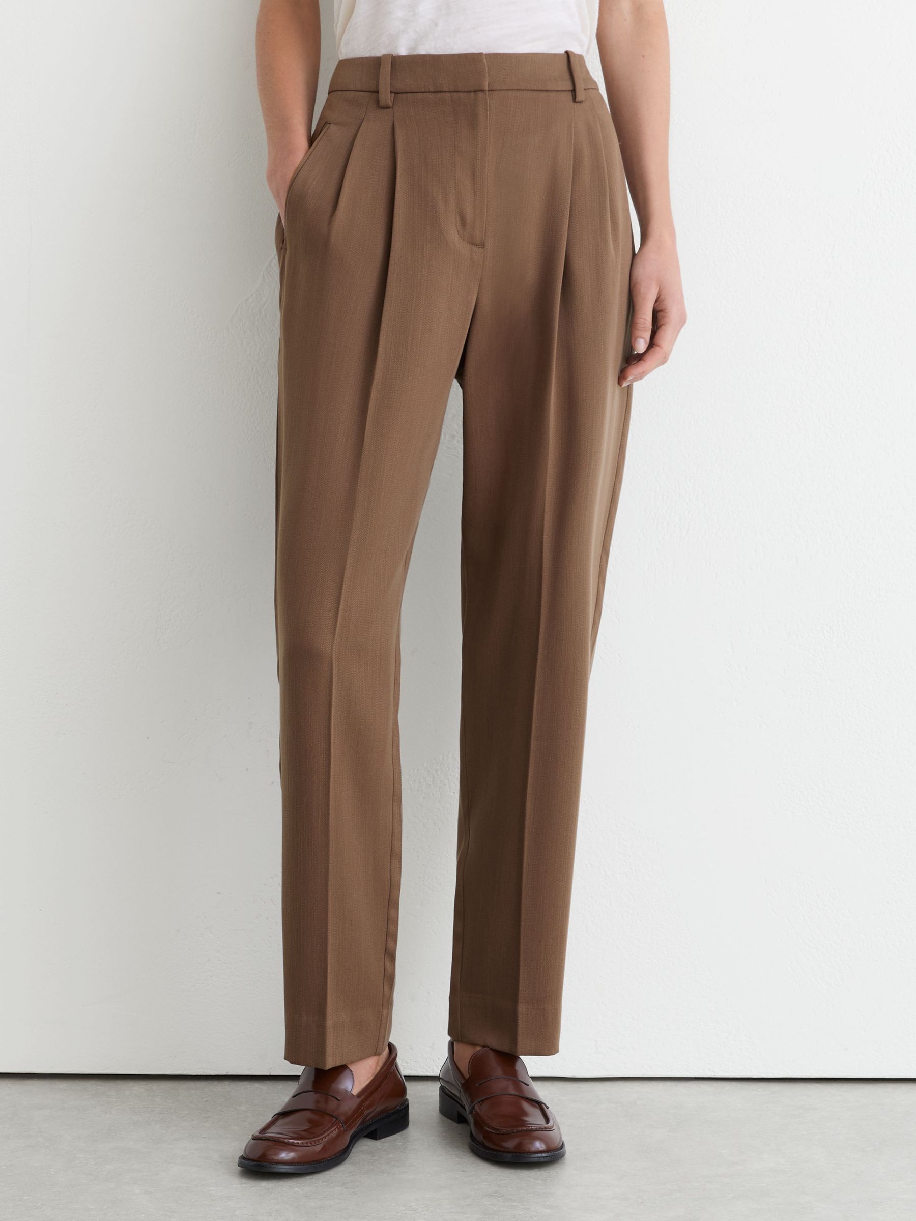 Lyocell Tapered Pleated Trousers in Taupe Neutral - Image 3 of 6