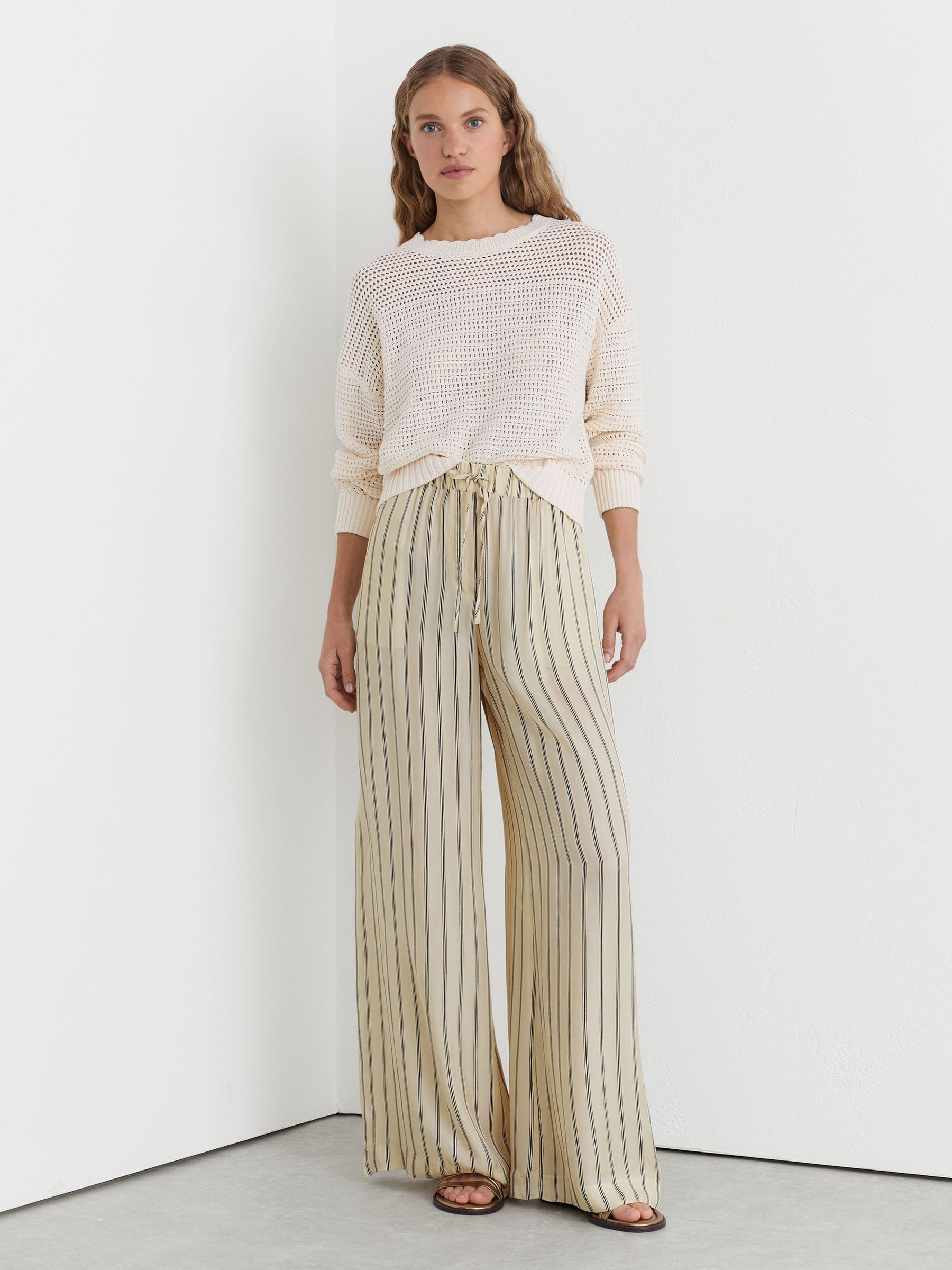 Petite Linen Striped Wide-Leg Trousers in Neutral/Navy - Image 1 of 7 Petite Linen Striped Wide-Leg Trousers in Neutral/Navy - Image 1 of 7