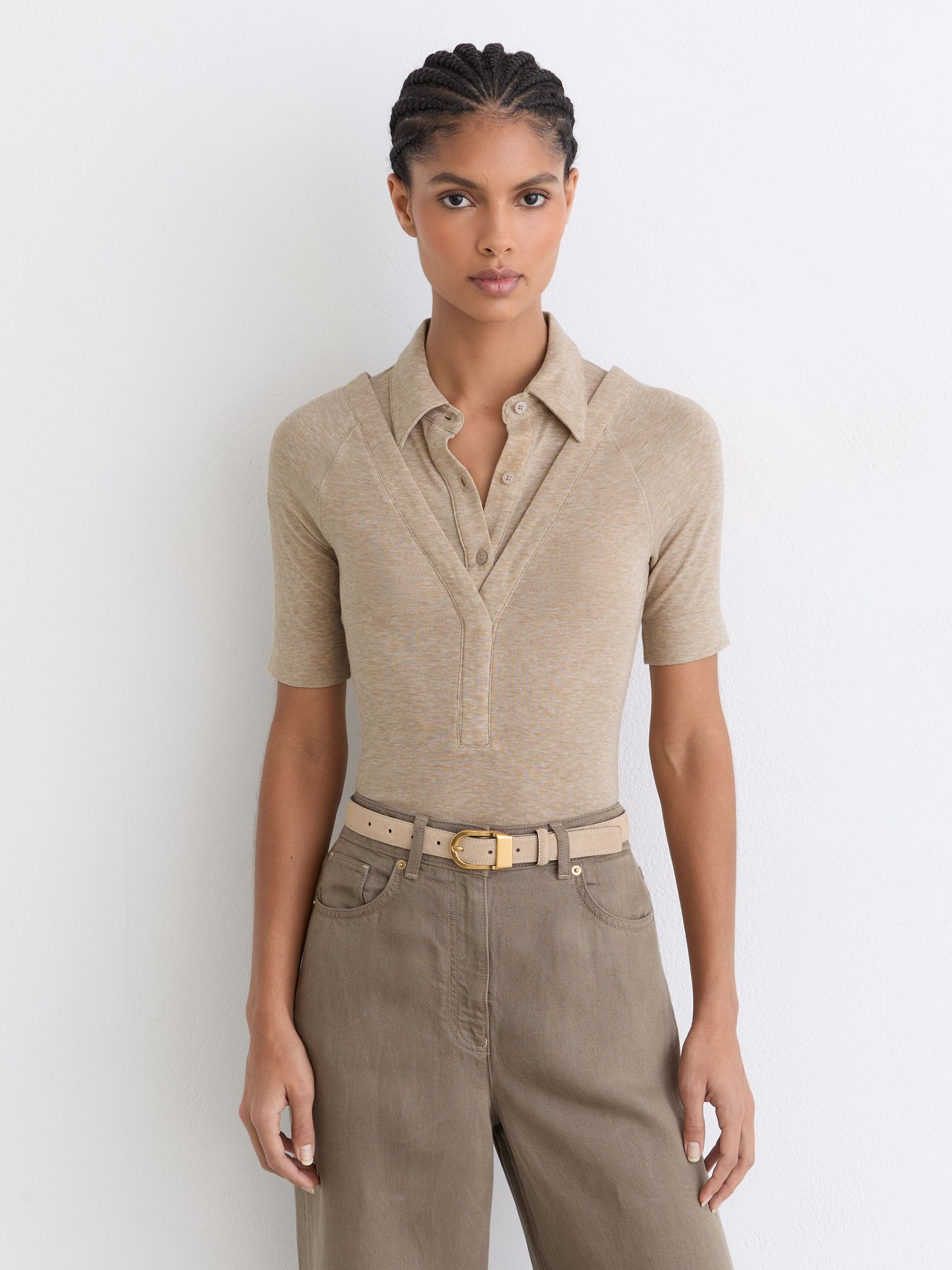 Collar-Insert Jersey-Knit Top with Wool in Oatmeal Neutral - image 2
