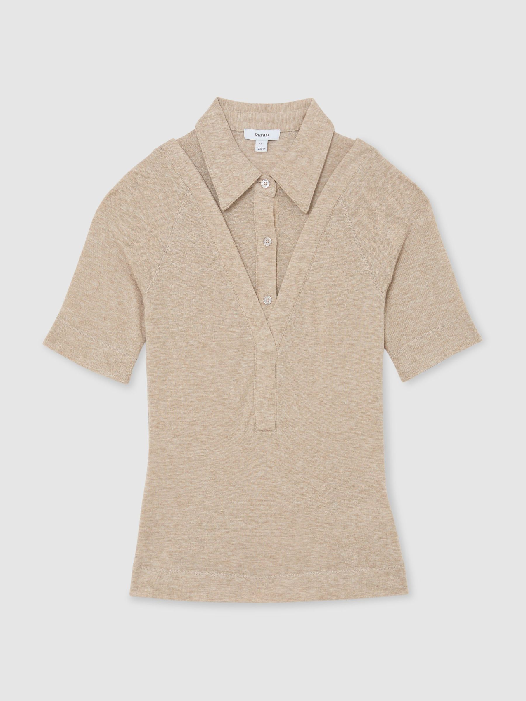 Collar-Insert Jersey-Knit Top with Wool in Oatmeal Neutral - Image 2 of 6