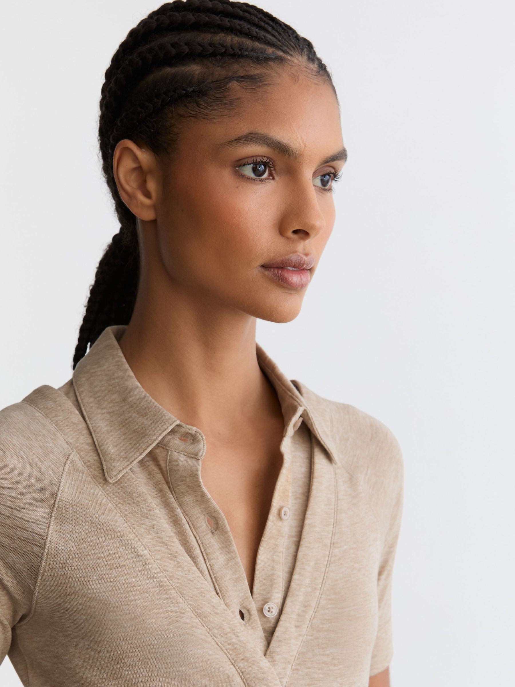 Collar-Insert Jersey-Knit Top with Wool in Oatmeal Neutral - image 4