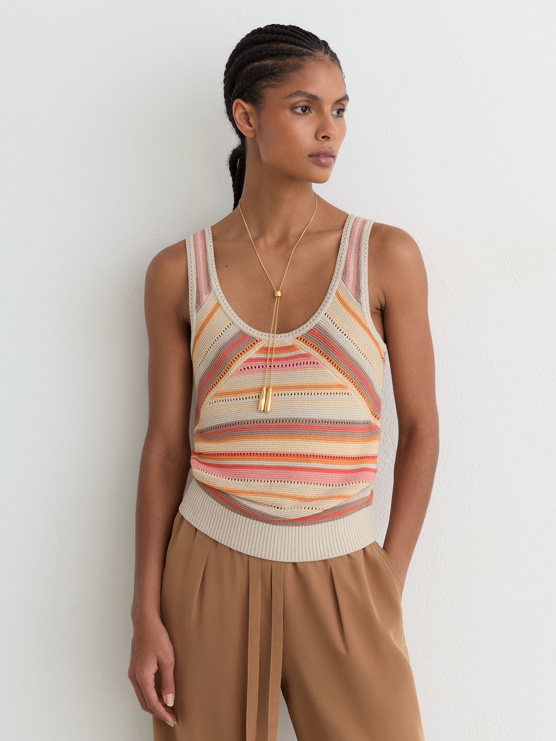 Striped Knit Scoop-Neck Vest in Neutral/Coral - Image 1 of 7 Striped Knit Scoop-Neck Vest in Neutral/Coral - Image 1 of 7