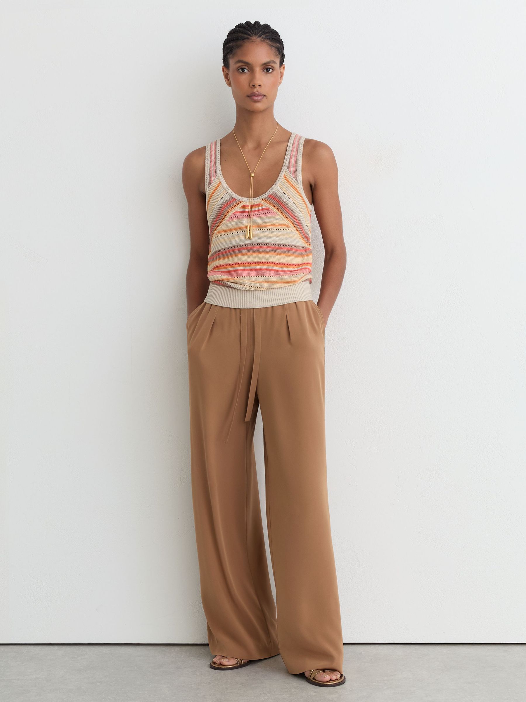 Striped Knit Scoop-Neck Vest in Neutral/Coral - Image 4 of 7