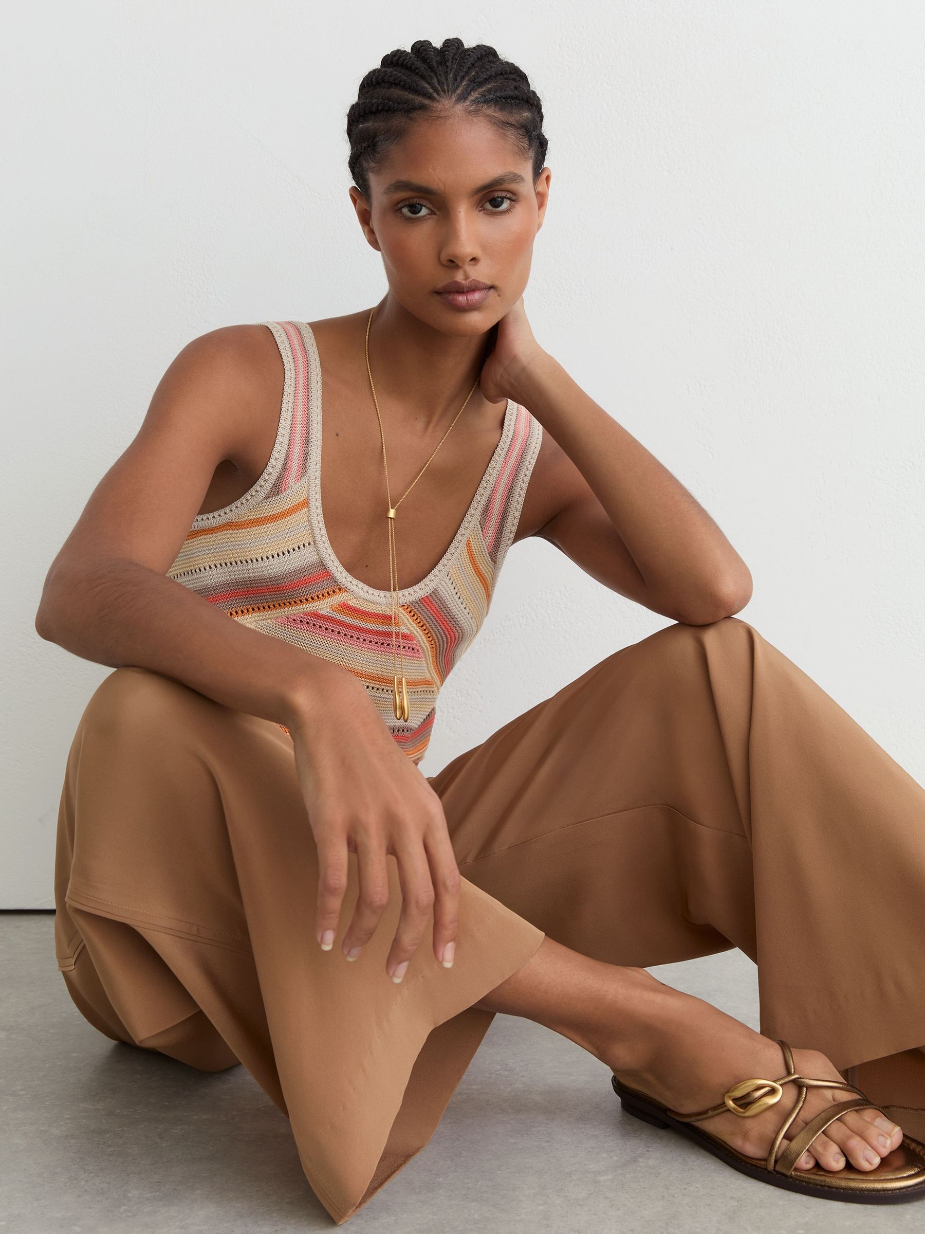 Striped Knit Scoop-Neck Vest in Neutral/Coral - Image 6 of 7