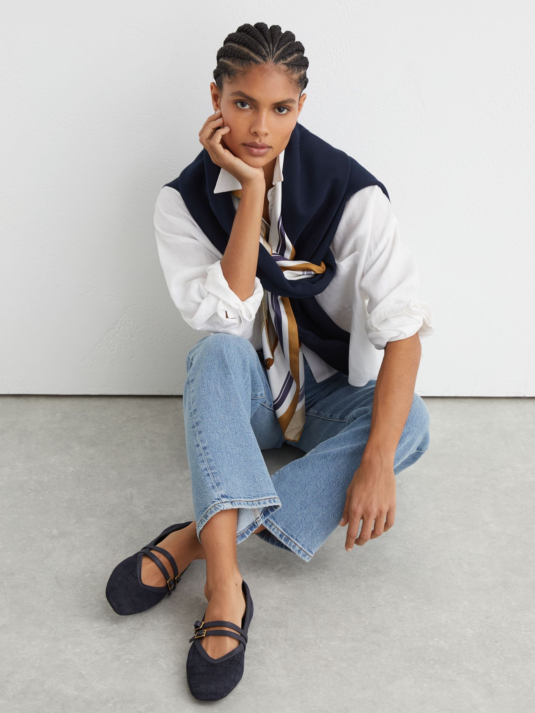 Suede Croc-Embossed Ballet Flats in Navy - Image 1 of 5