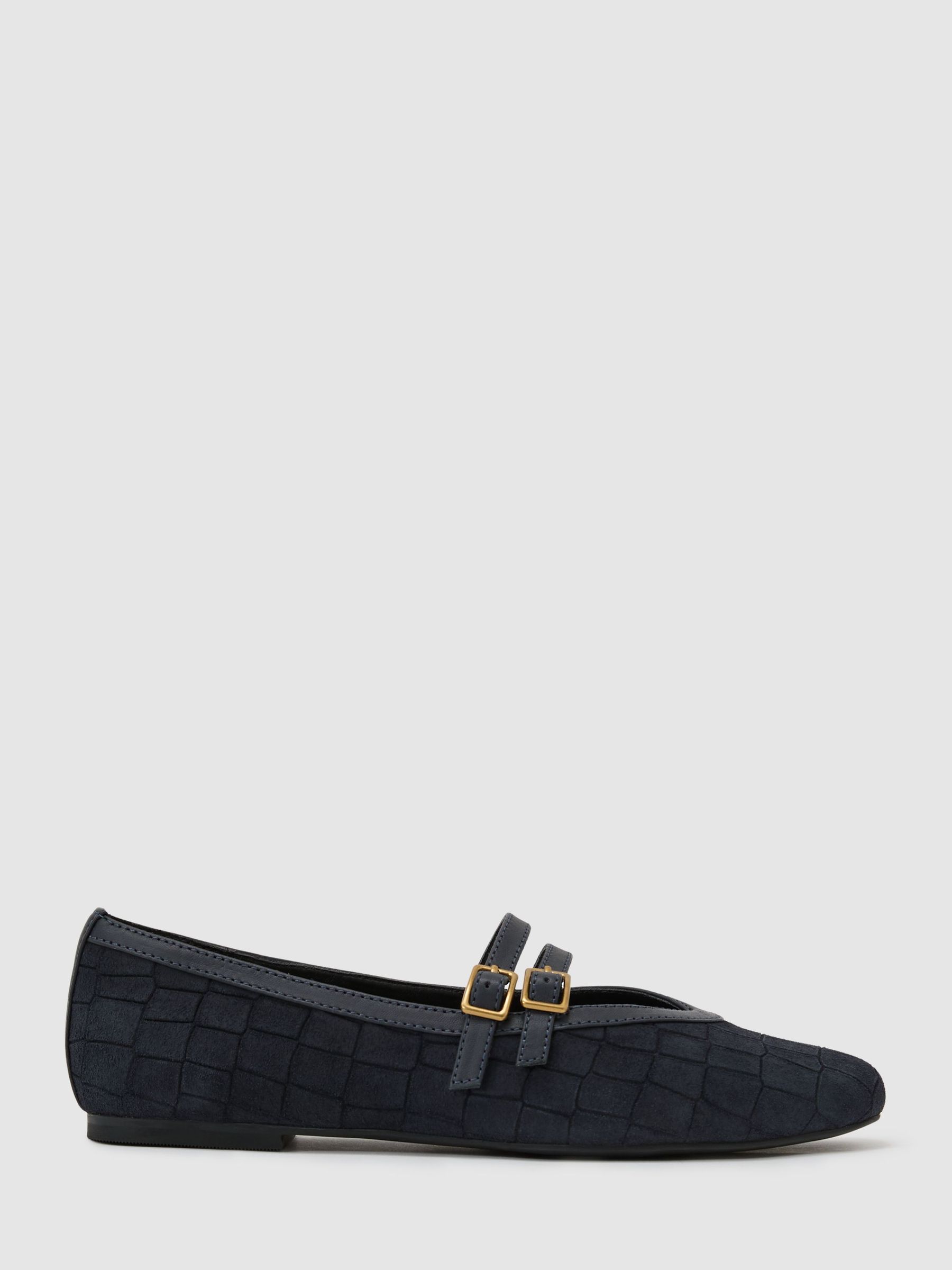 Suede Croc-Embossed Ballet Flats in Navy - Image 2 of 5