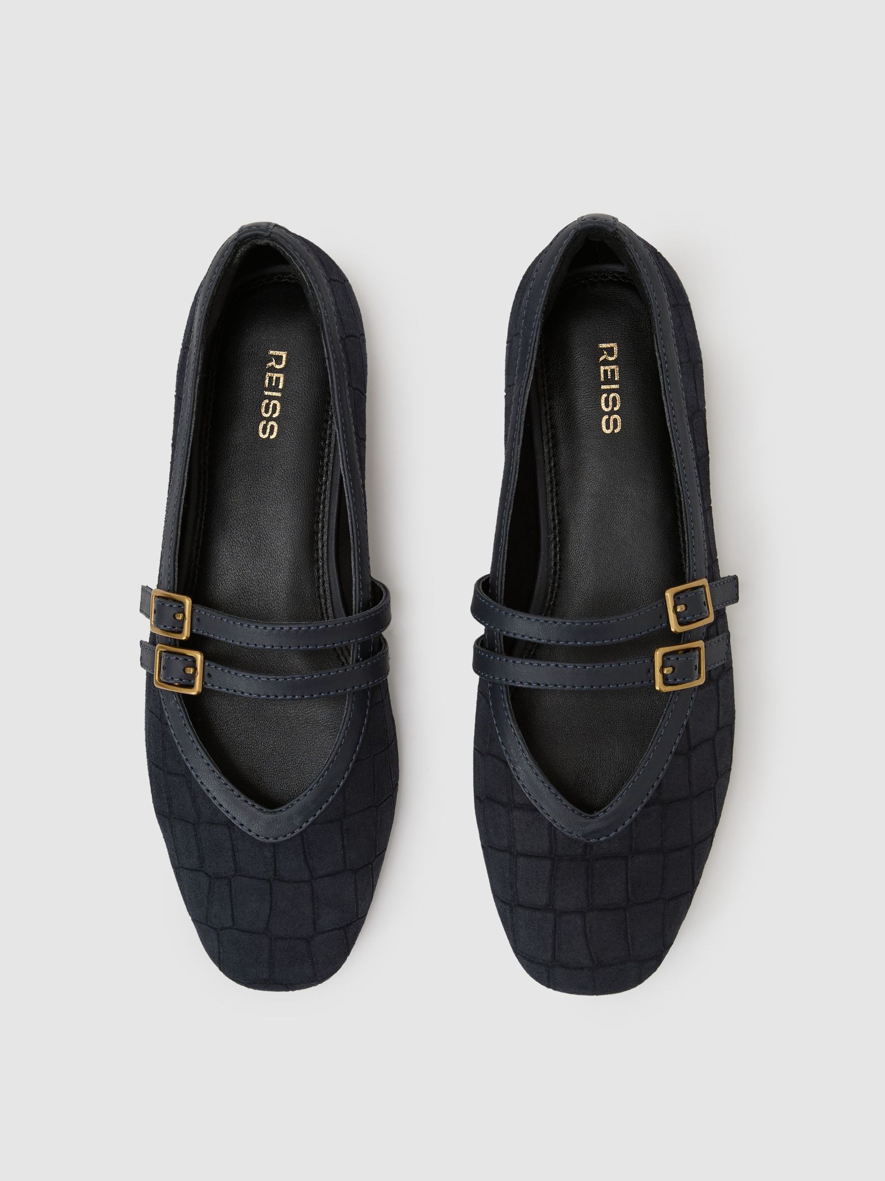 Suede Croc-Embossed Ballet Flats in Navy - Image 3 of 5