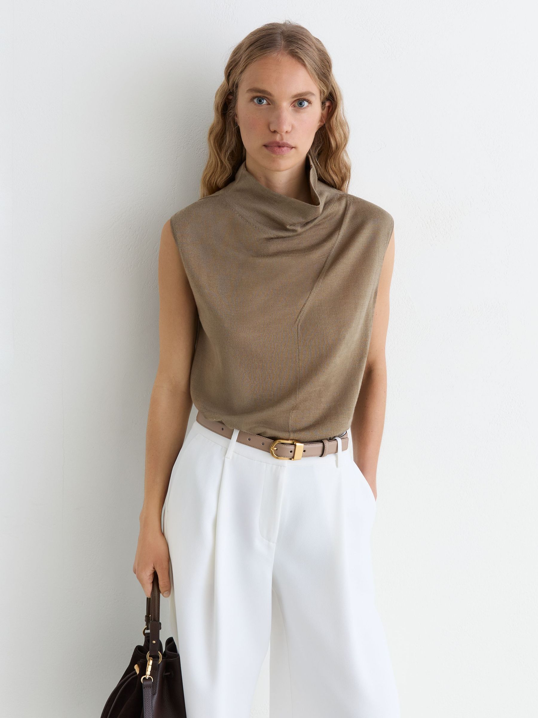 Wool Funnel-Neck Sleeveless Knit Top in Khaki Green - image 2