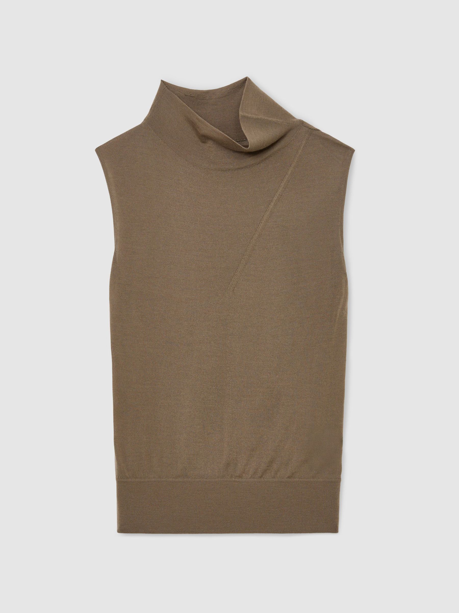 Wool Funnel-Neck Sleeveless Knit Top in Khaki Green - image 1