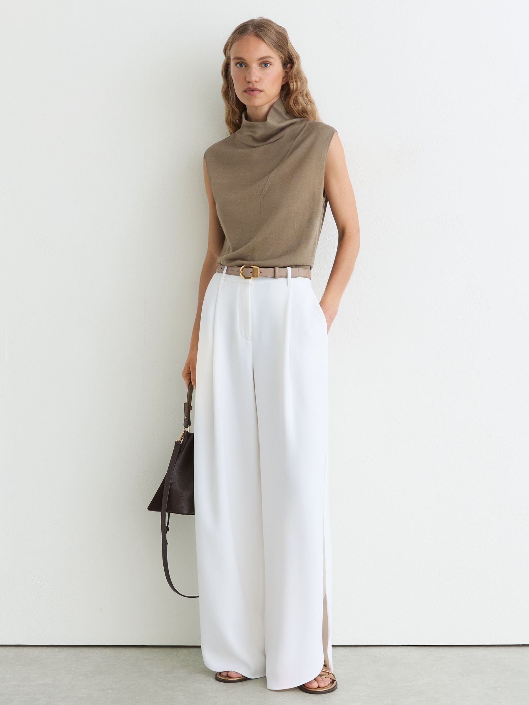 Wool Funnel-Neck Sleeveless Knit Top in Khaki Green - Image 3 of 5