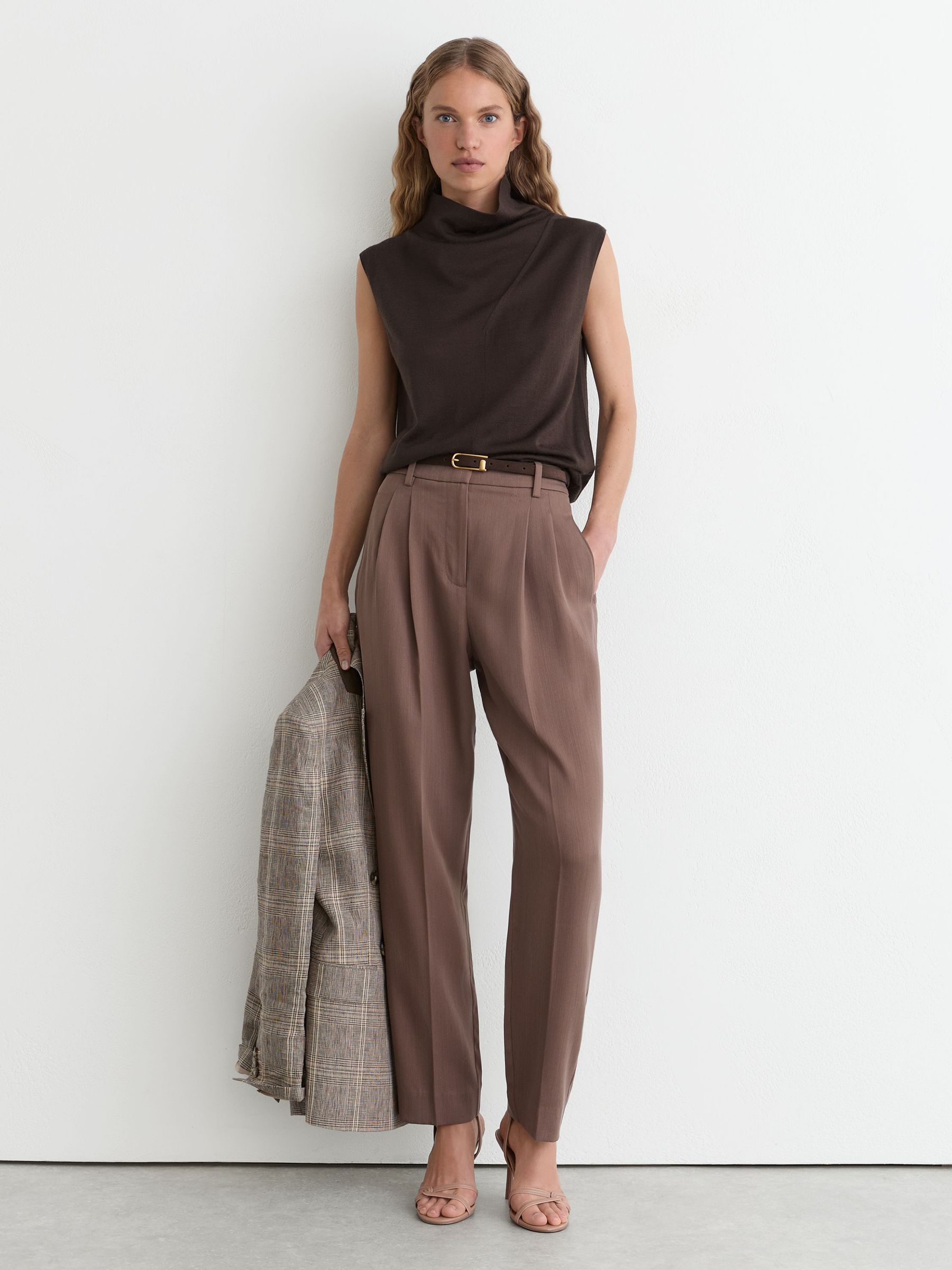 Wool Funnel-Neck Sleeveless Knit Top in Chocolate Brown - Image 1 of 7