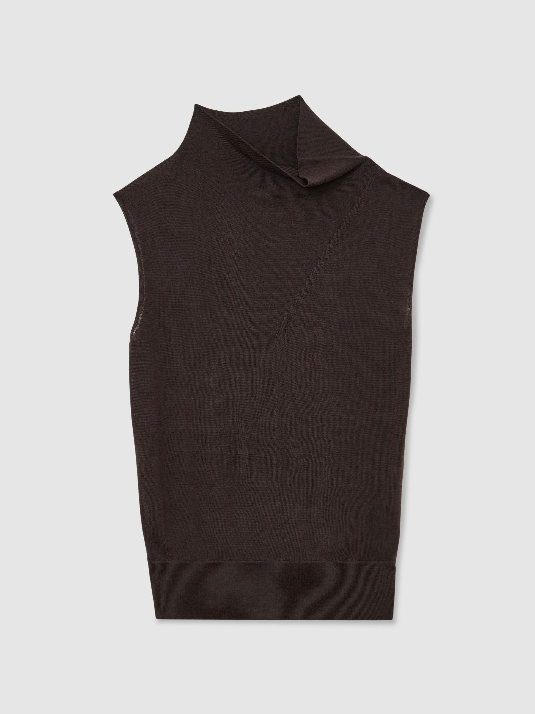Wool Funnel-Neck Sleeveless Knit Top in Chocolate Brown - Image 2 of 7