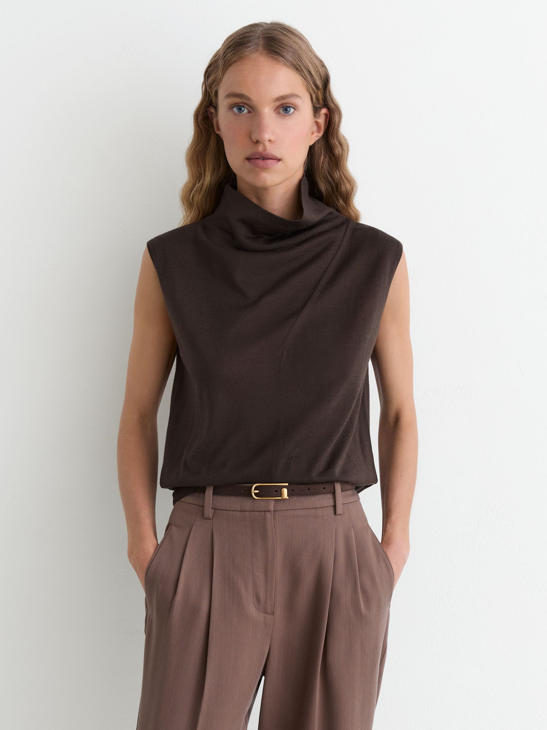 Wool Funnel-Neck Sleeveless Knit Top in Chocolate Brown - Image 4 of 7