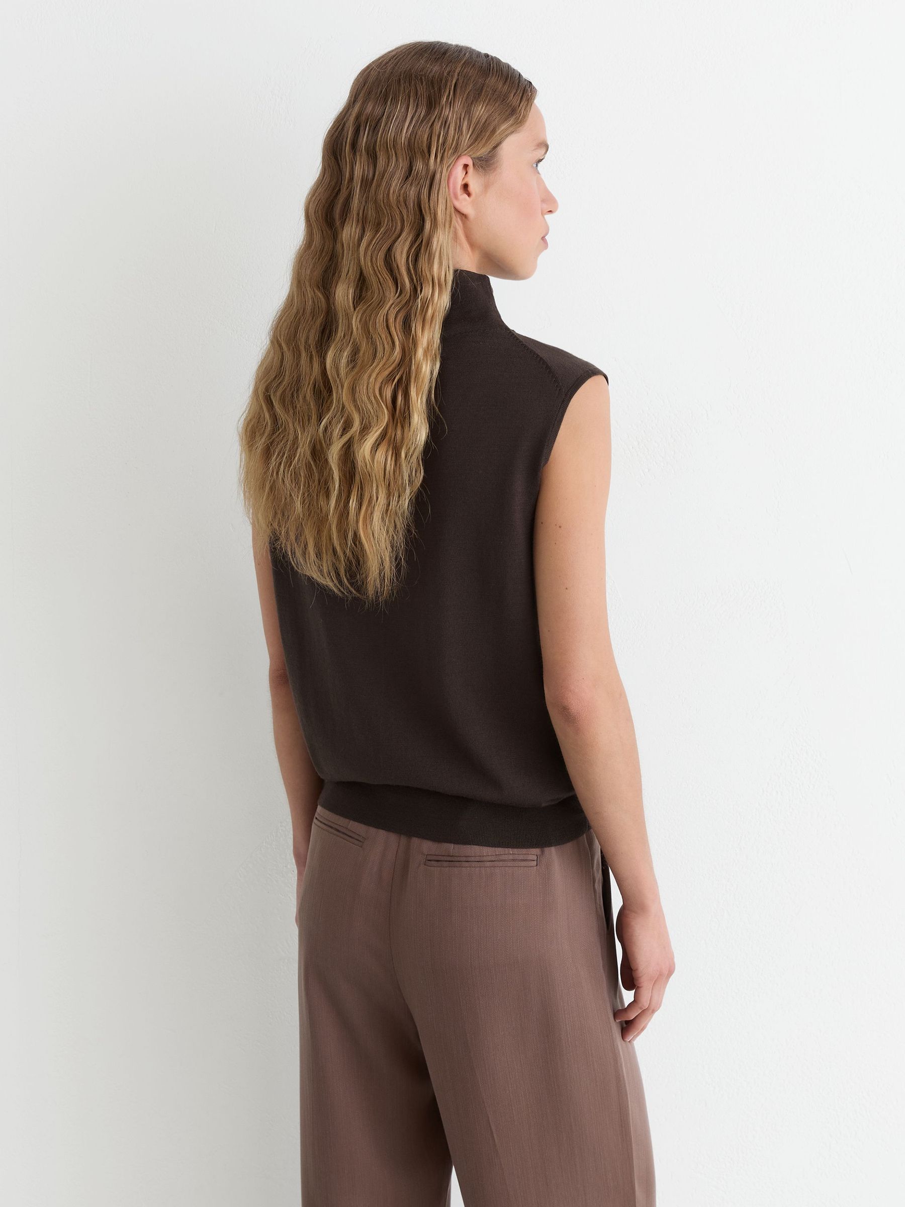 Wool Funnel-Neck Sleeveless Knit Top in Chocolate Brown - Image 6 of 7