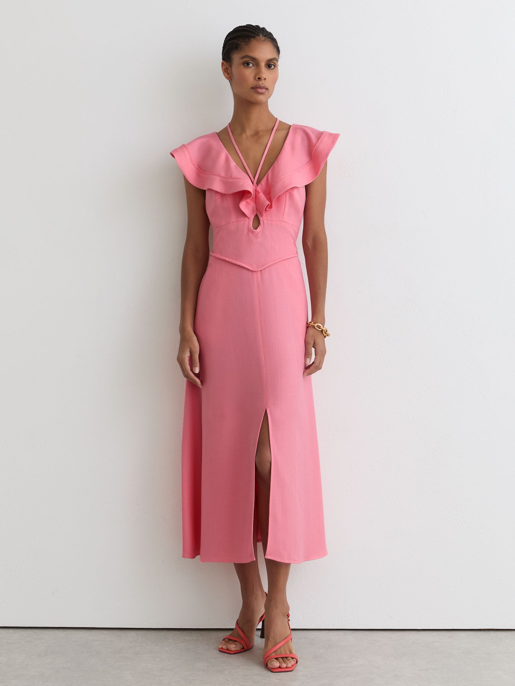 Ruffle Tie-Neck Keyhole Midi Dress in Pink - image 3