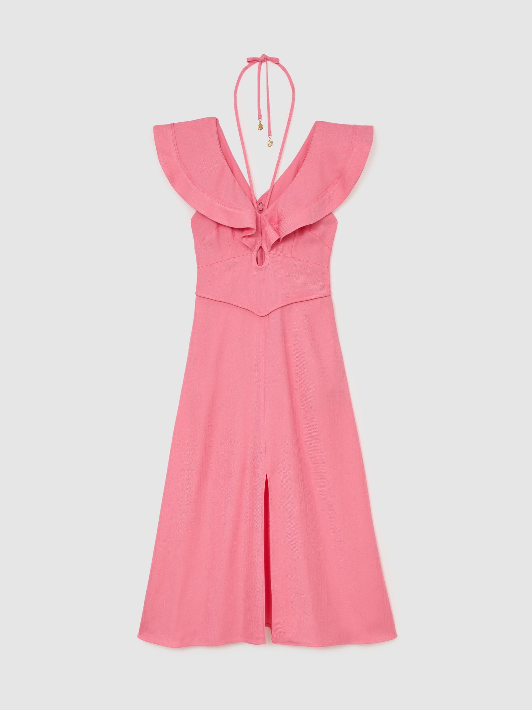 Ruffle Tie-Neck Keyhole Midi Dress in Pink