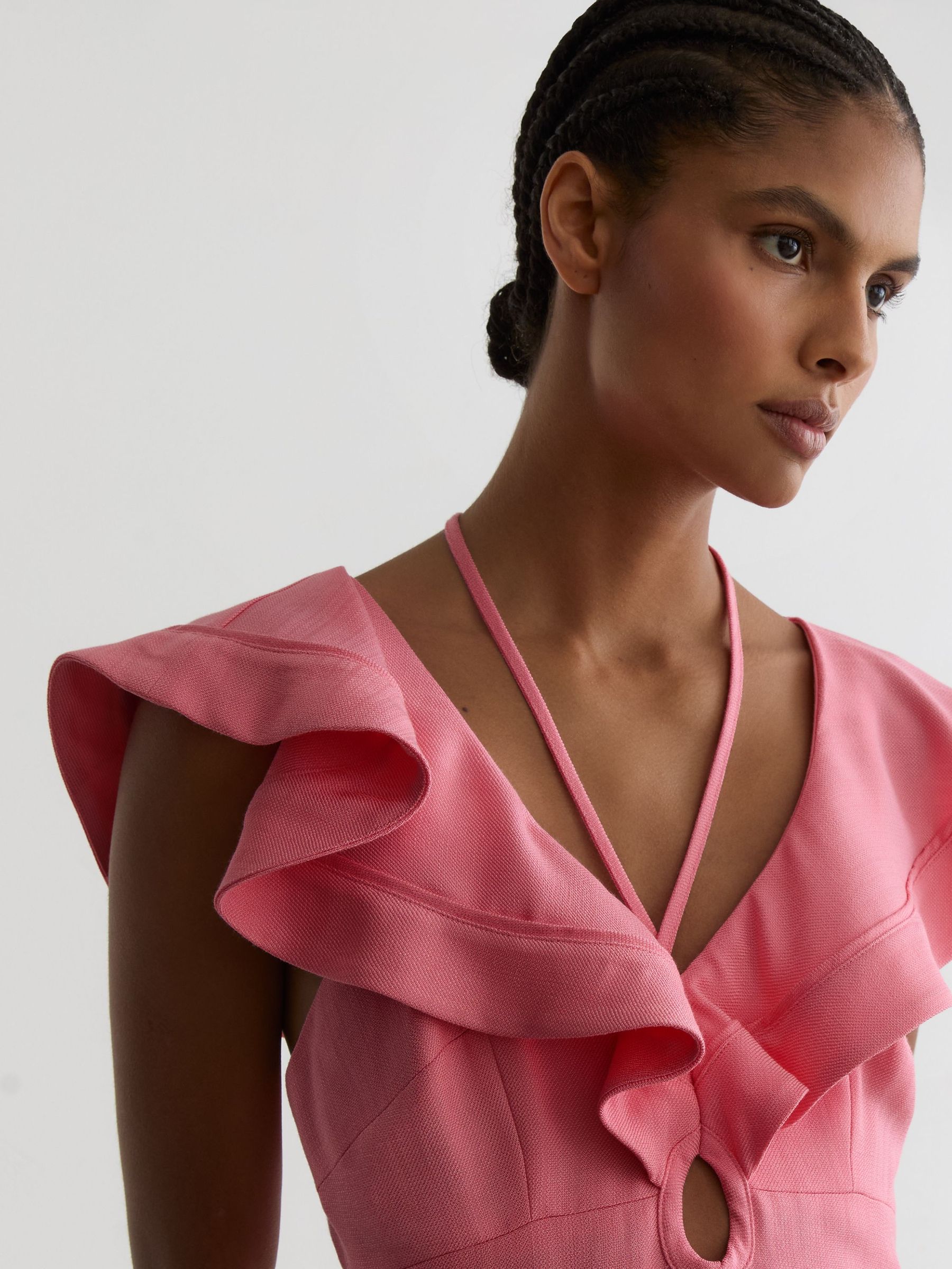 Ruffle Tie-Neck Keyhole Midi Dress in Pink - image 5