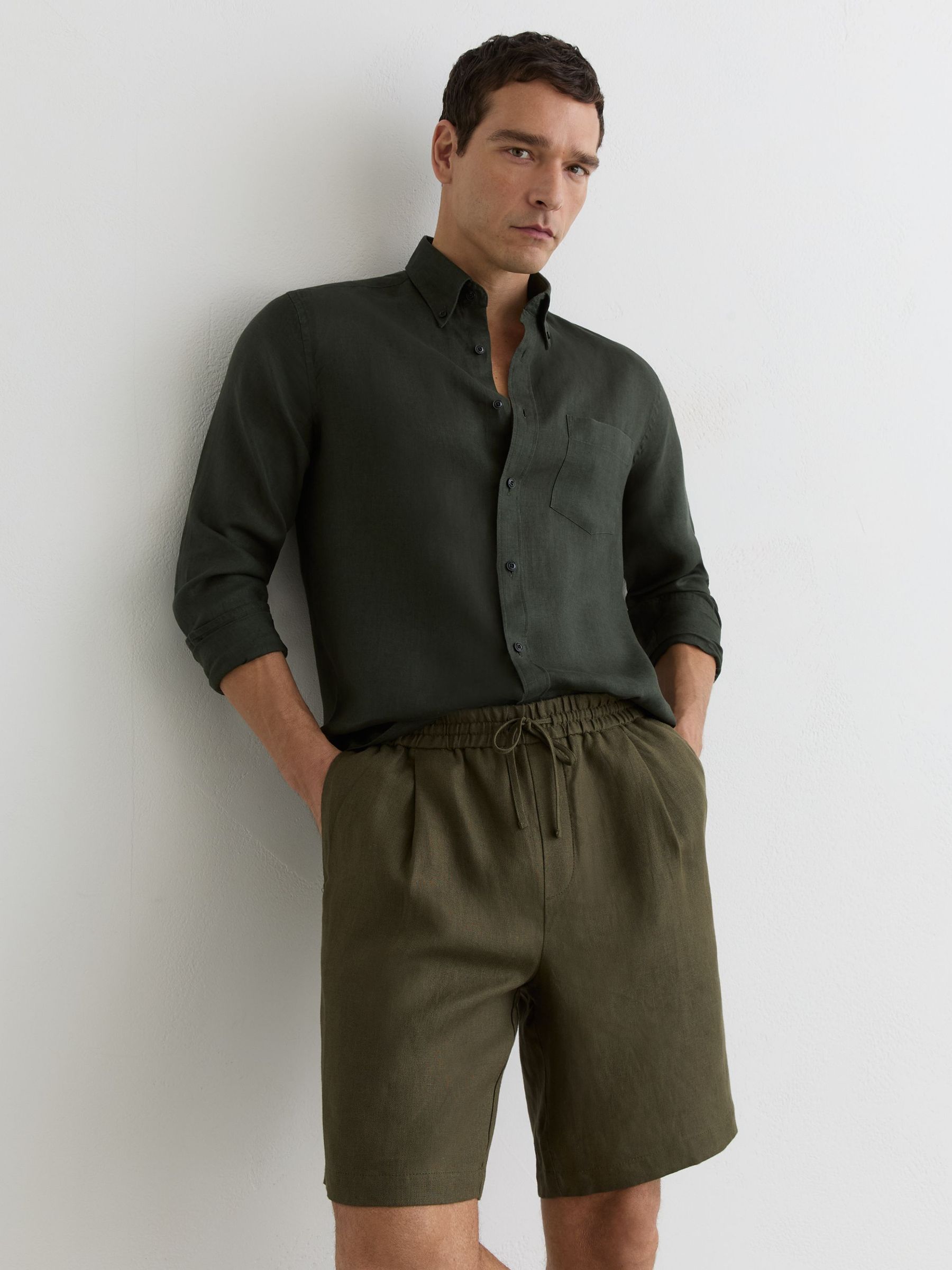 Linen Drawstring Shorts in Thyme Green - image 2