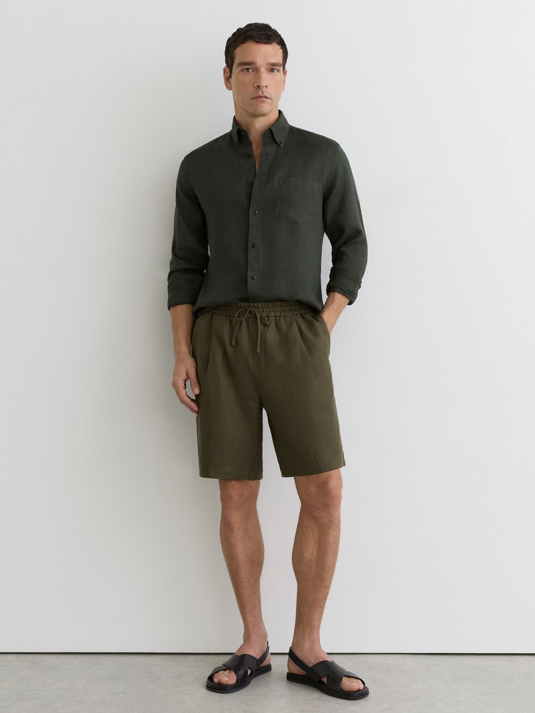 Linen Drawstring Shorts in Thyme Green - image 3