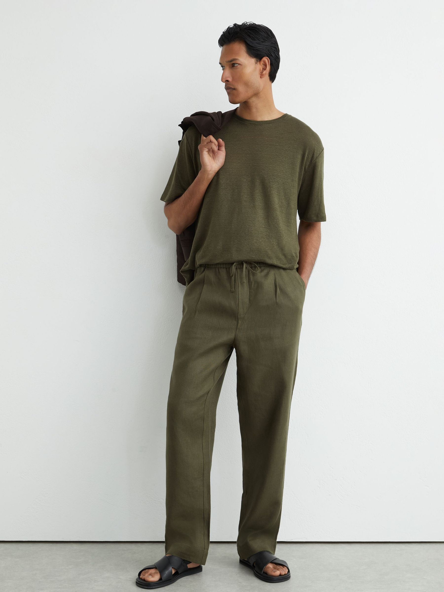 Linen Relaxed-Fit Drawstring Trousers in Ivy Green - Image 1 of 5