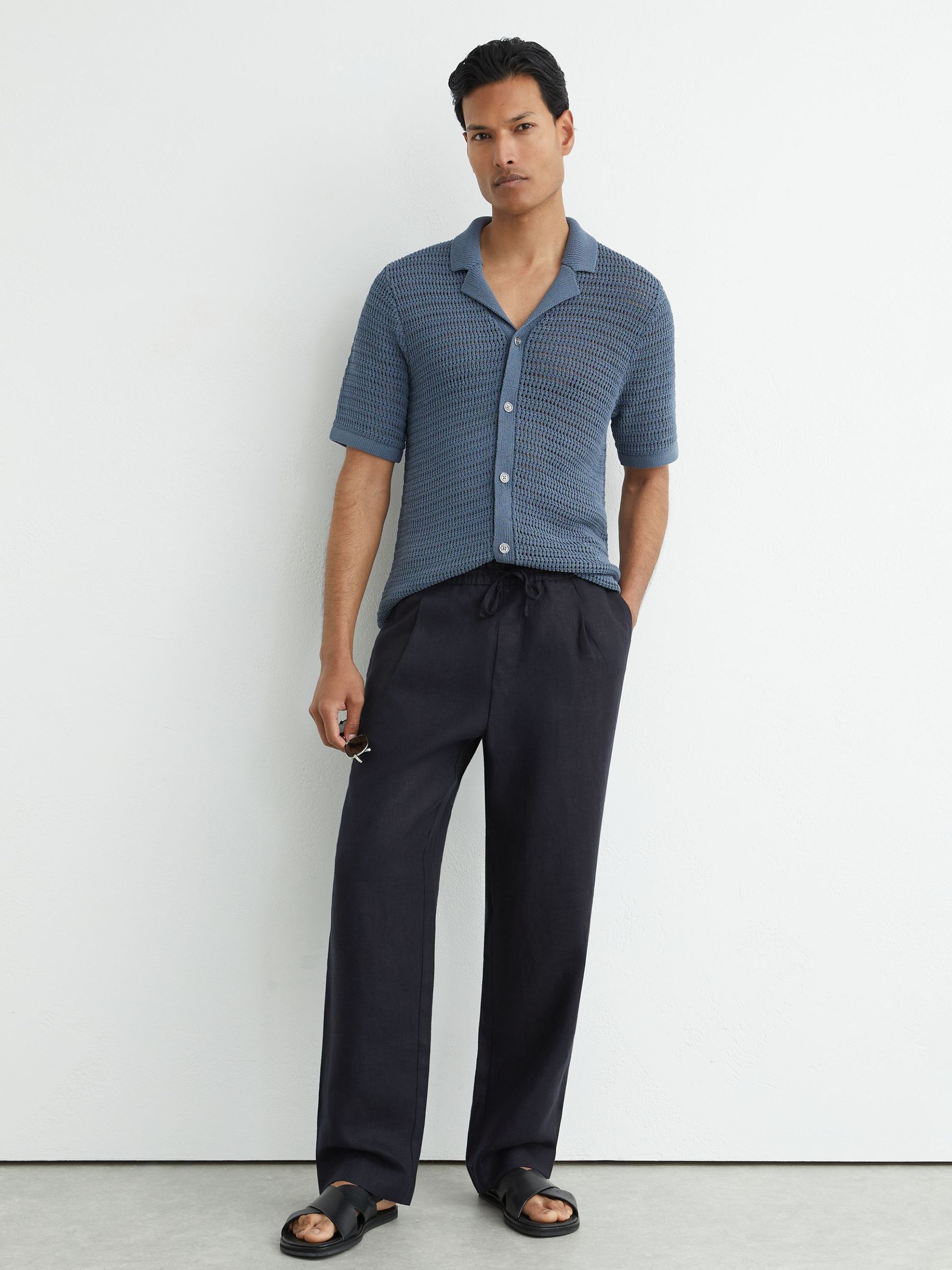 Linen Relaxed-Fit Drawstring Trousers in Navy - Image 1 of 5